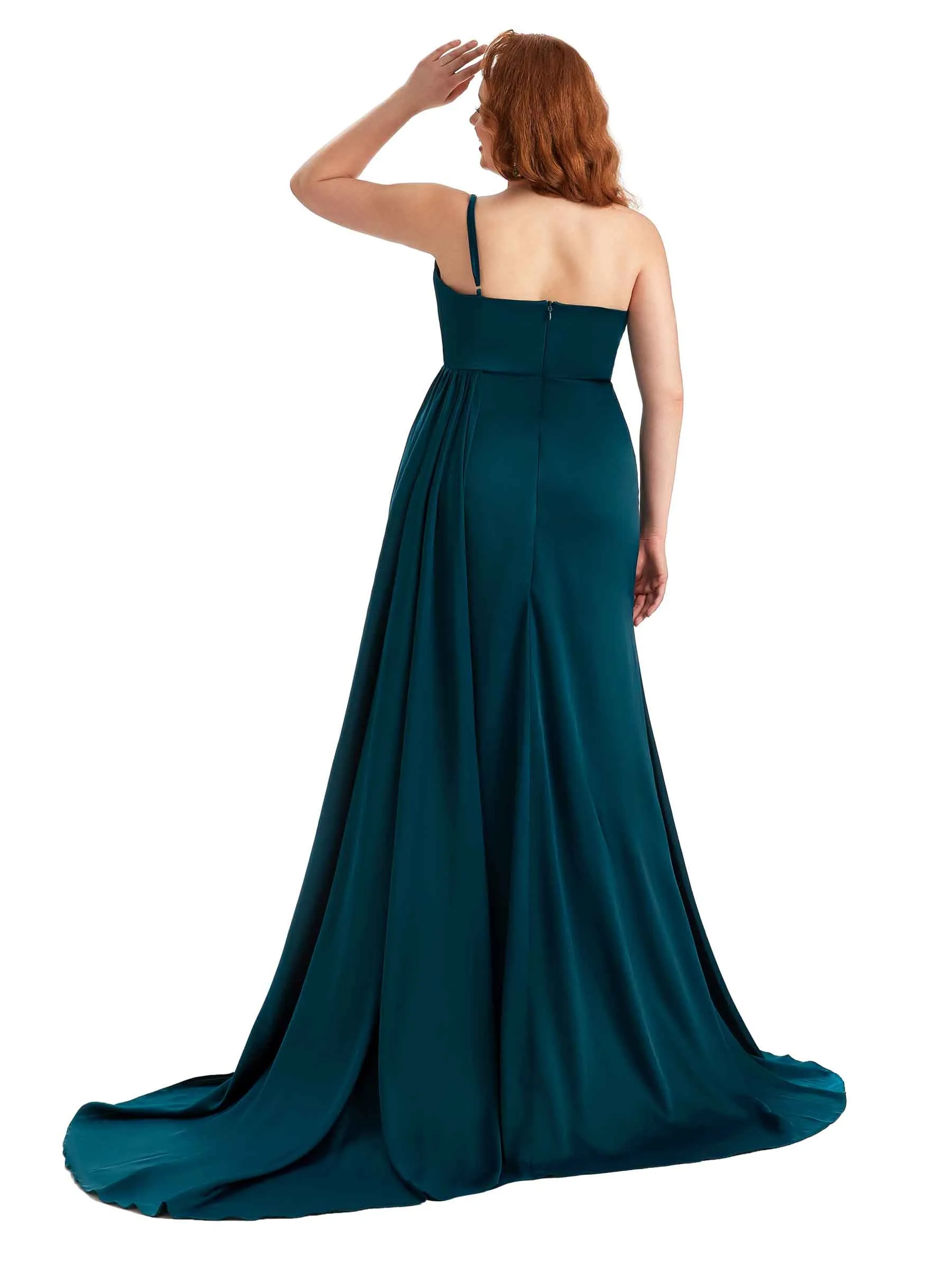 Plus Size One Shoulder Sexy Side Slit Mermaid Soft Satin Long Bridesmaid Dresses Online sold by ChicSew product image thumbnail 3