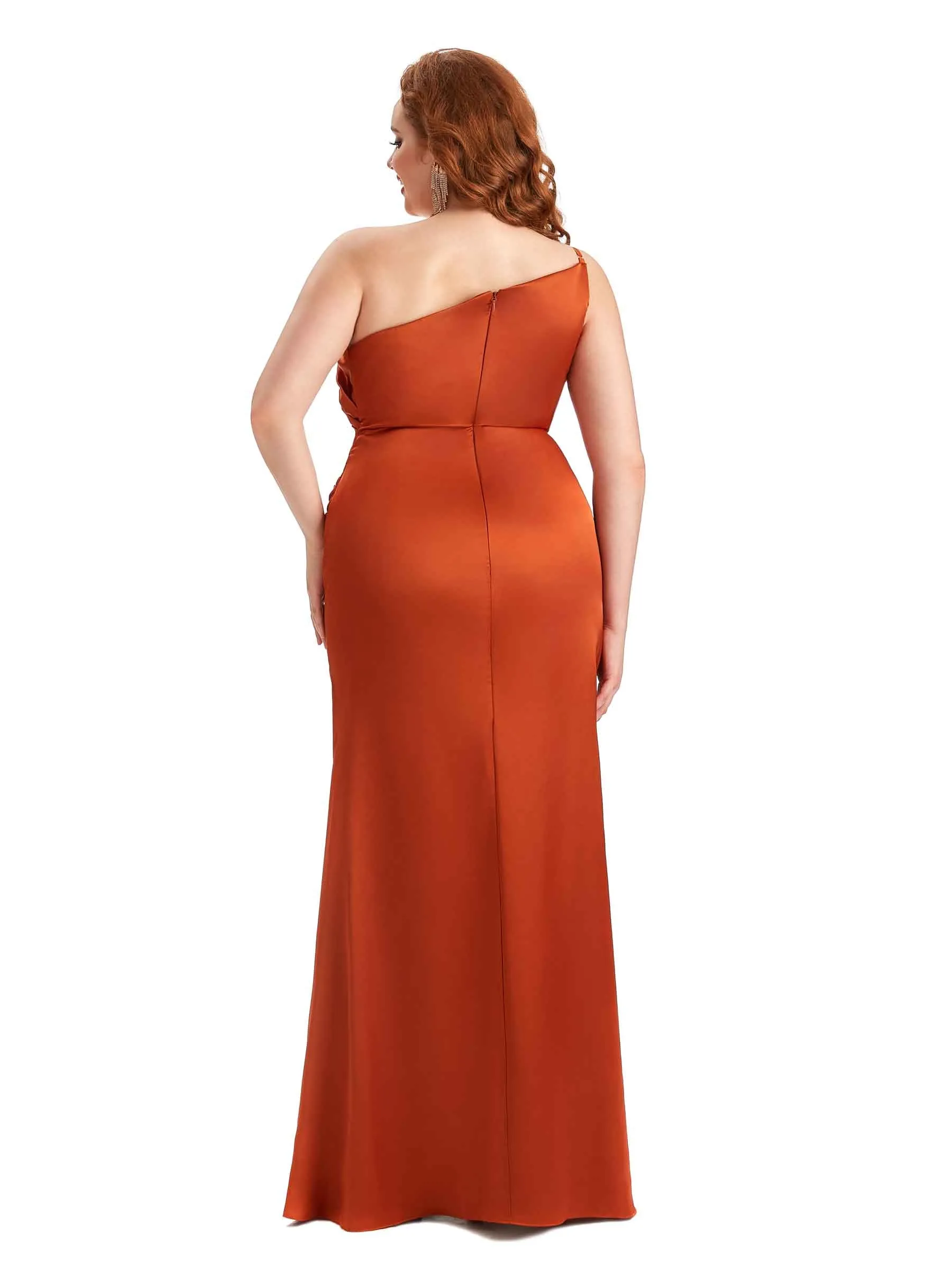 Plus Size Sexy Side Slit One Shoulder Mermaid Soft Satin Long Maid of Honour Dresses sold by ChicSew product image thumbnail 3