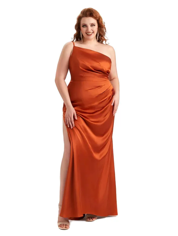 Plus Size Sexy Side Slit One Shoulder Mermaid Soft Satin Long Maid of Honour Dresses sold by ChicSew