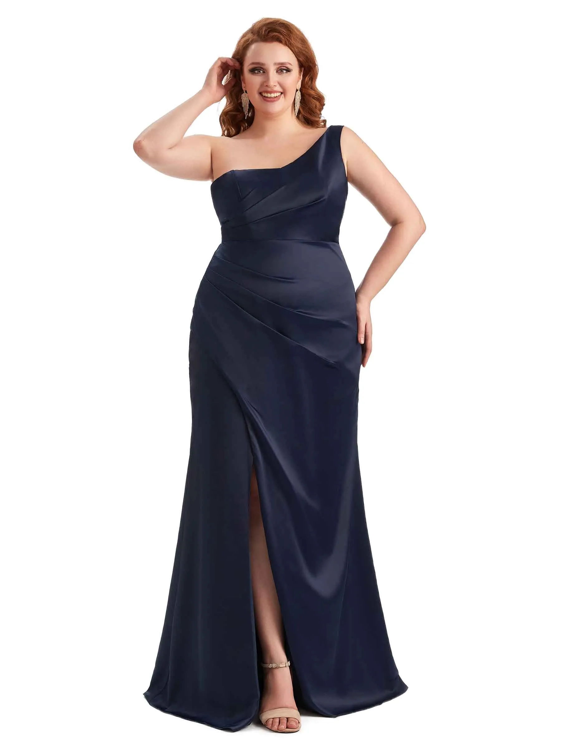 Plus Size Sexy Side Slit One Shoulder Mermaid Long Satin Maxi Dresses sold by ChicSew