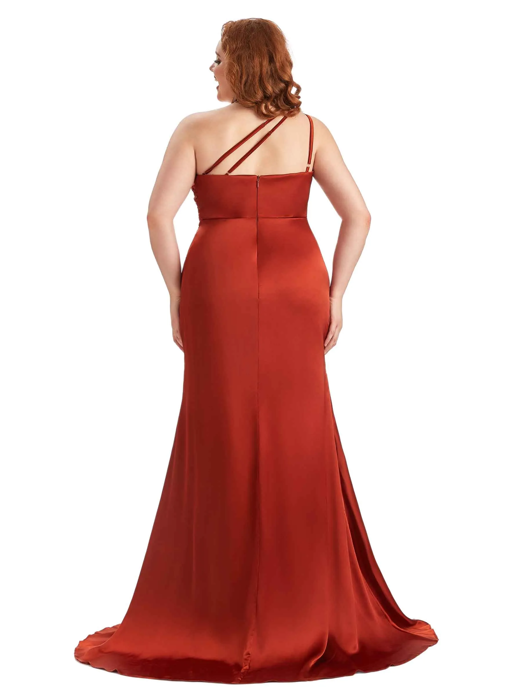 Plus Size Sexy One Shoulder Side Slit Mermaid Soft Satin Long Maid of Honor Dress For Wedding sold by ChicSew product image thumbnail 3