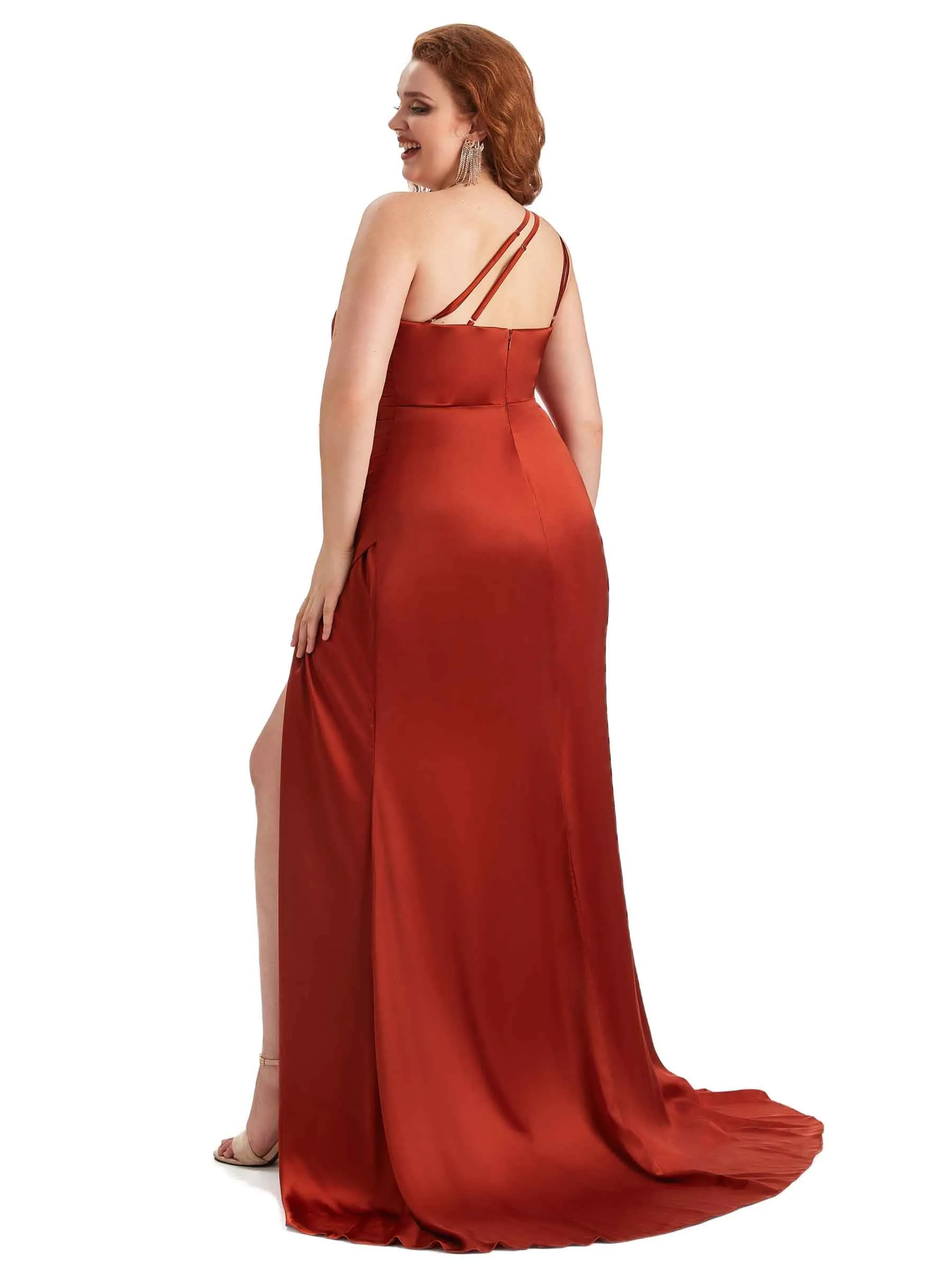 Plus Size Sexy One Shoulder Side Slit Mermaid Soft Satin Long Maid of Honor Dress For Wedding sold by ChicSew product image thumbnail 5