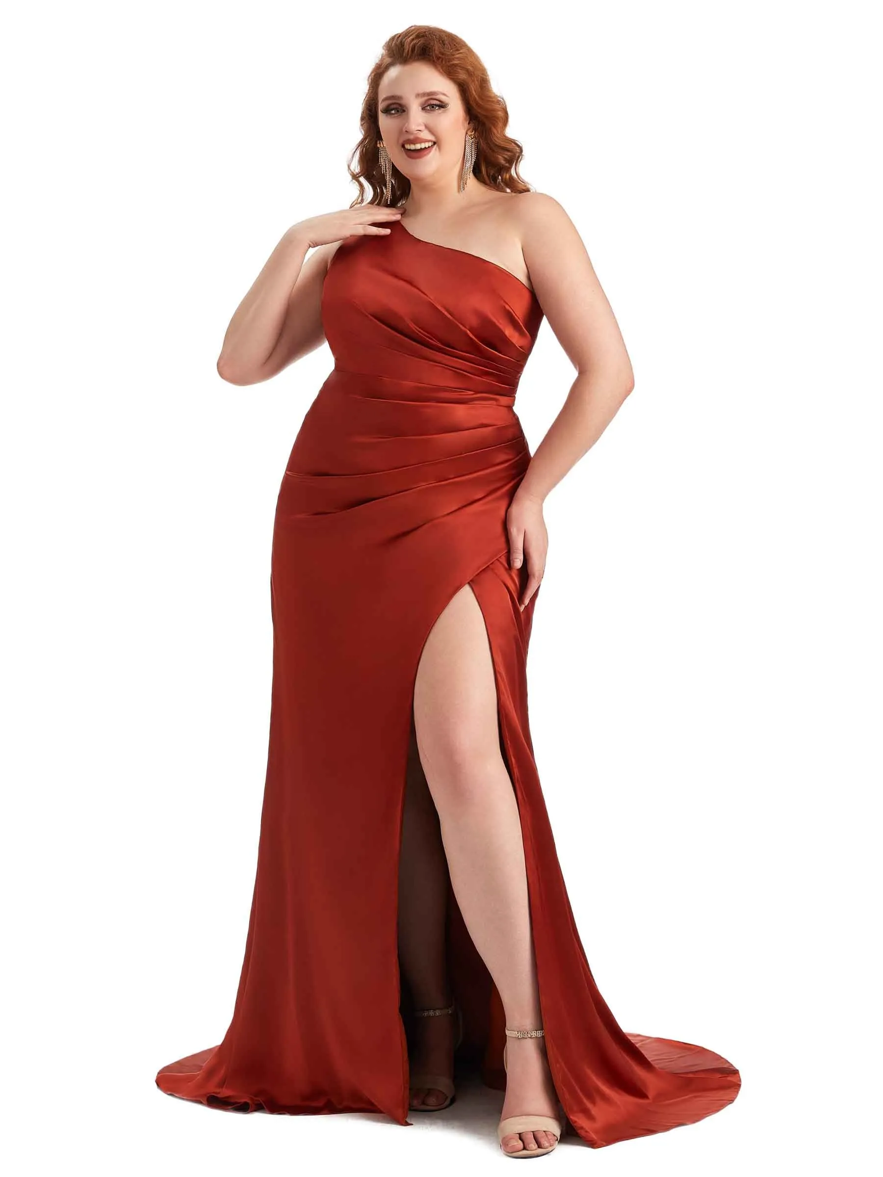 Plus Size Sexy One Shoulder Side Slit Mermaid Soft Satin Long Maid of Honor Dress For Wedding sold by ChicSew