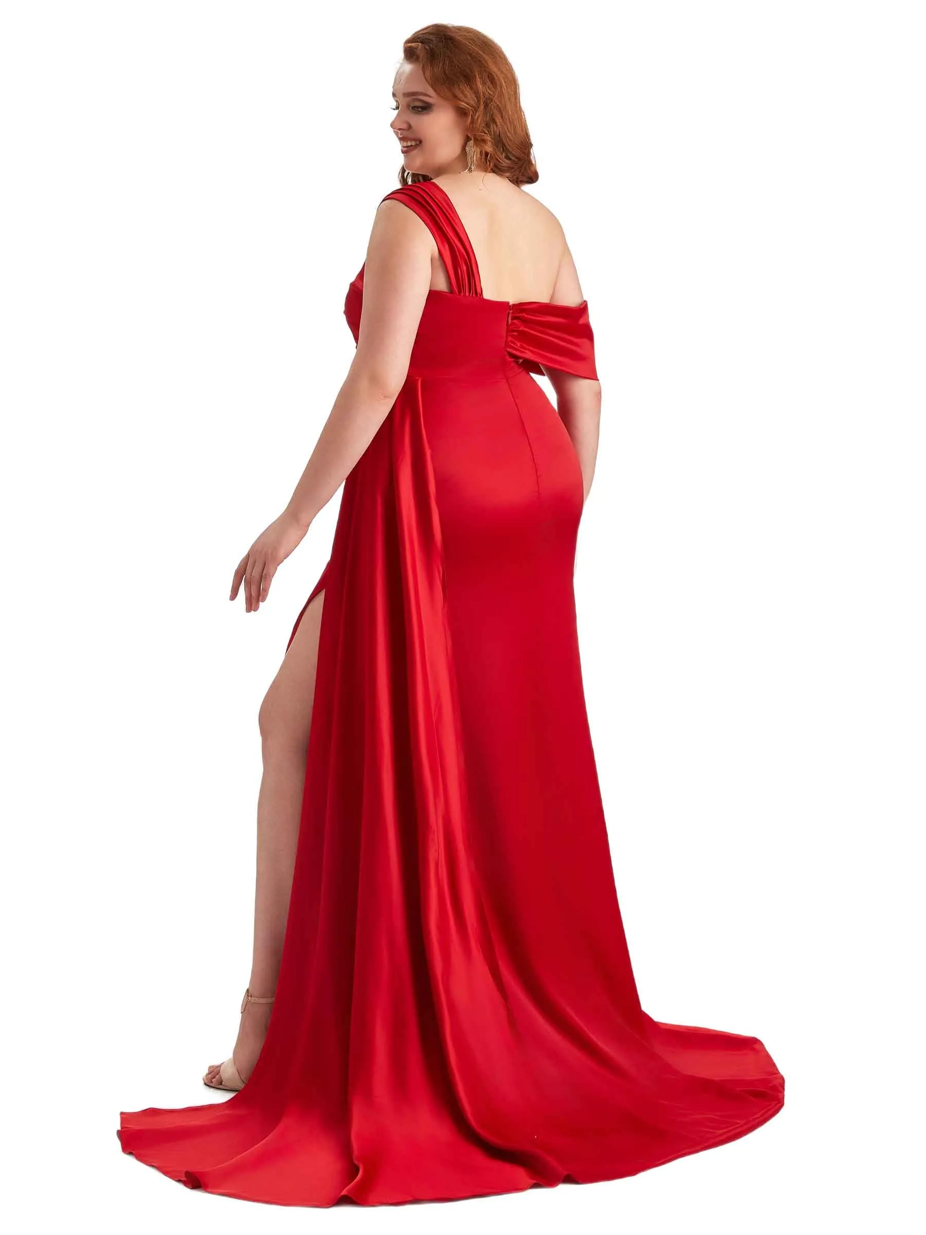 Plus Size Sexy Side Slit One Shoulder Mermaid Soft Satin Long Matron of Honor Dresses sold by ChicSew product image thumbnail 5
