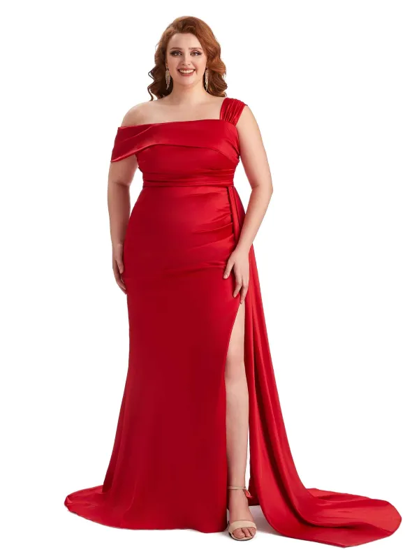 Plus Size Sexy Side Slit One Shoulder Mermaid Soft Satin Long Matron of Honor Dresses sold by ChicSew