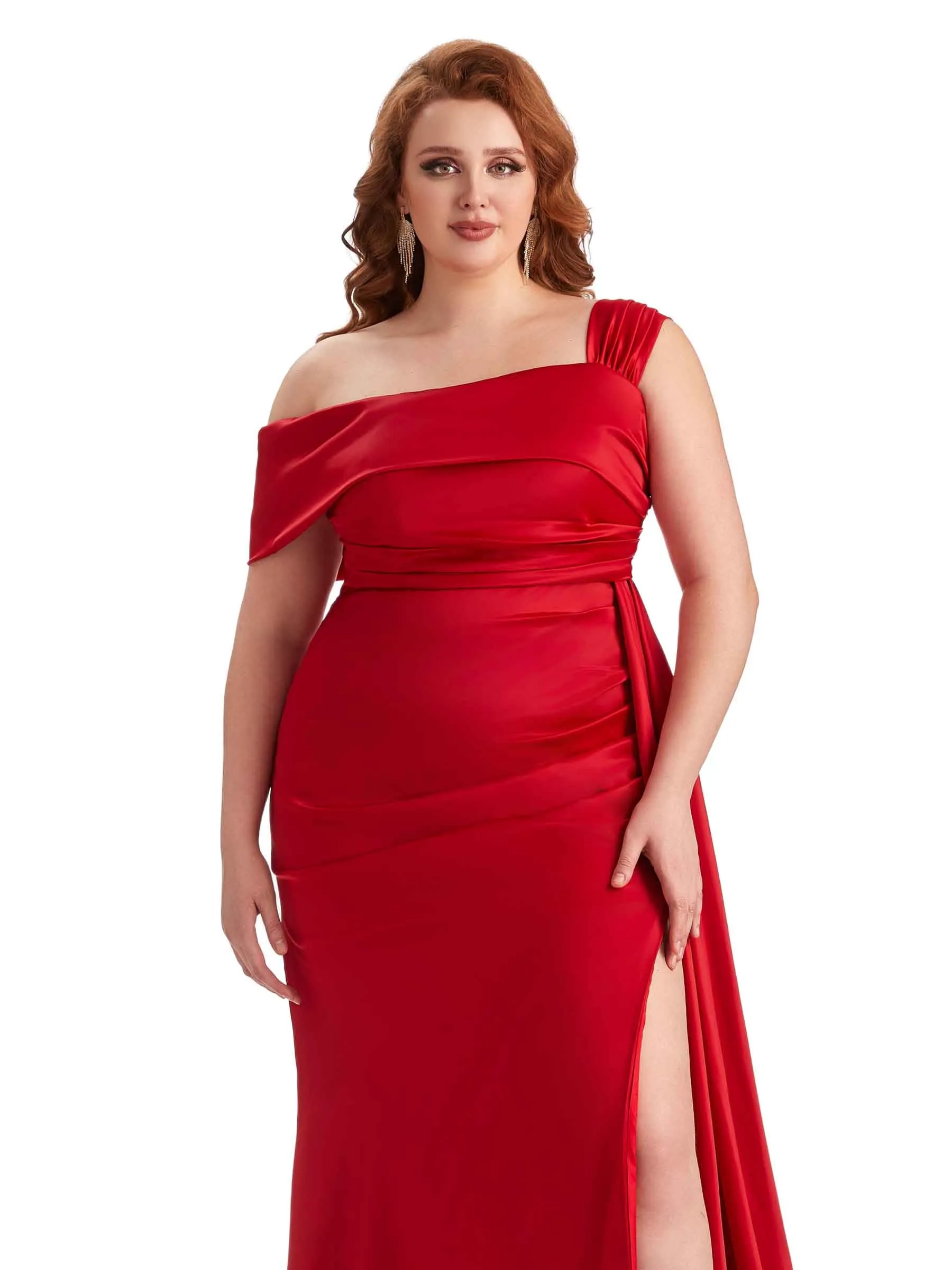 Plus Size Sexy Side Slit One Shoulder Mermaid Soft Satin Long Matron of Honor Dresses sold by ChicSew product image thumbnail 2