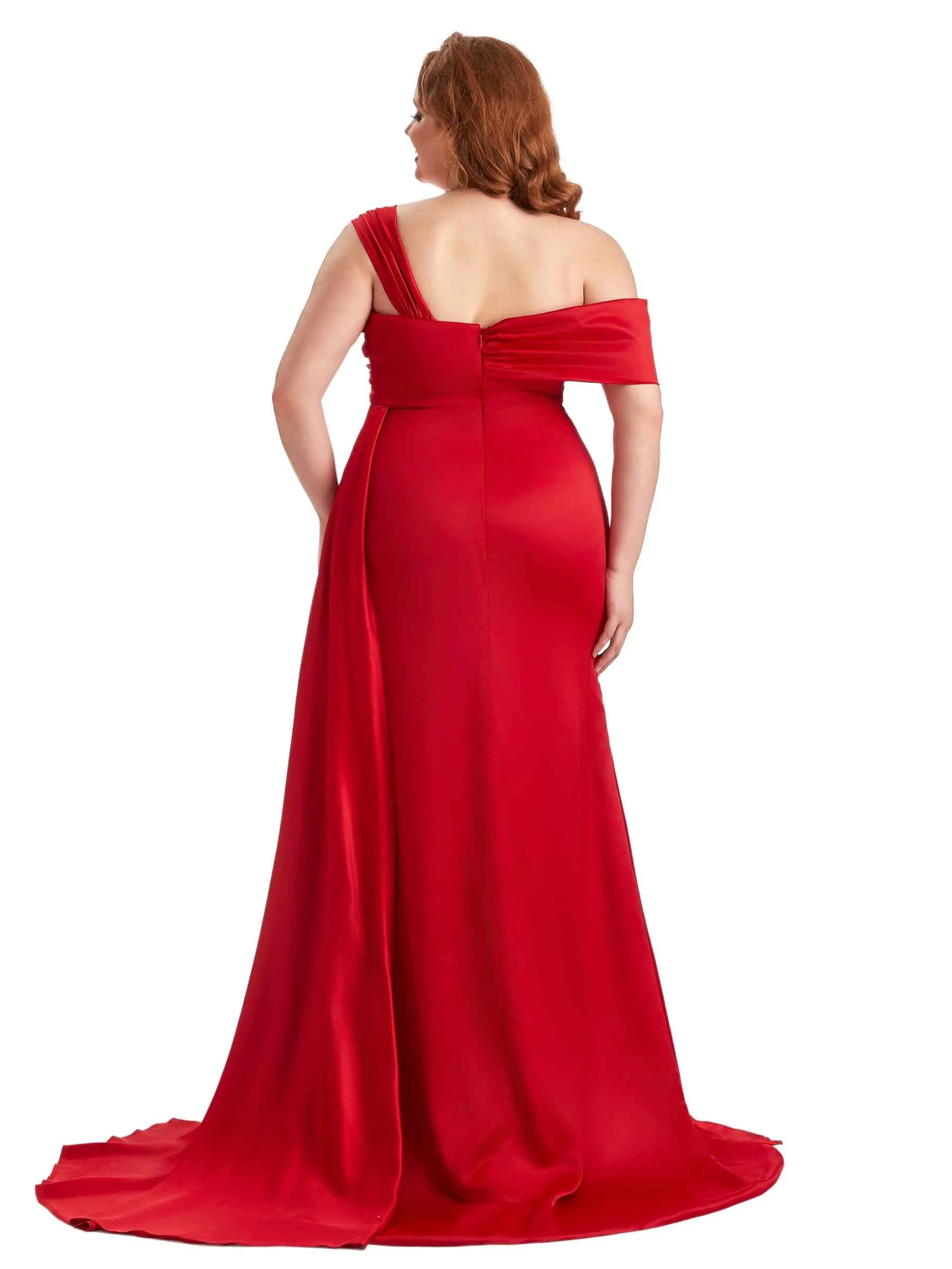 Plus Size Sexy Side Slit One Shoulder Mermaid Soft Satin Long Matron of Honor Dresses sold by ChicSew product image thumbnail 3