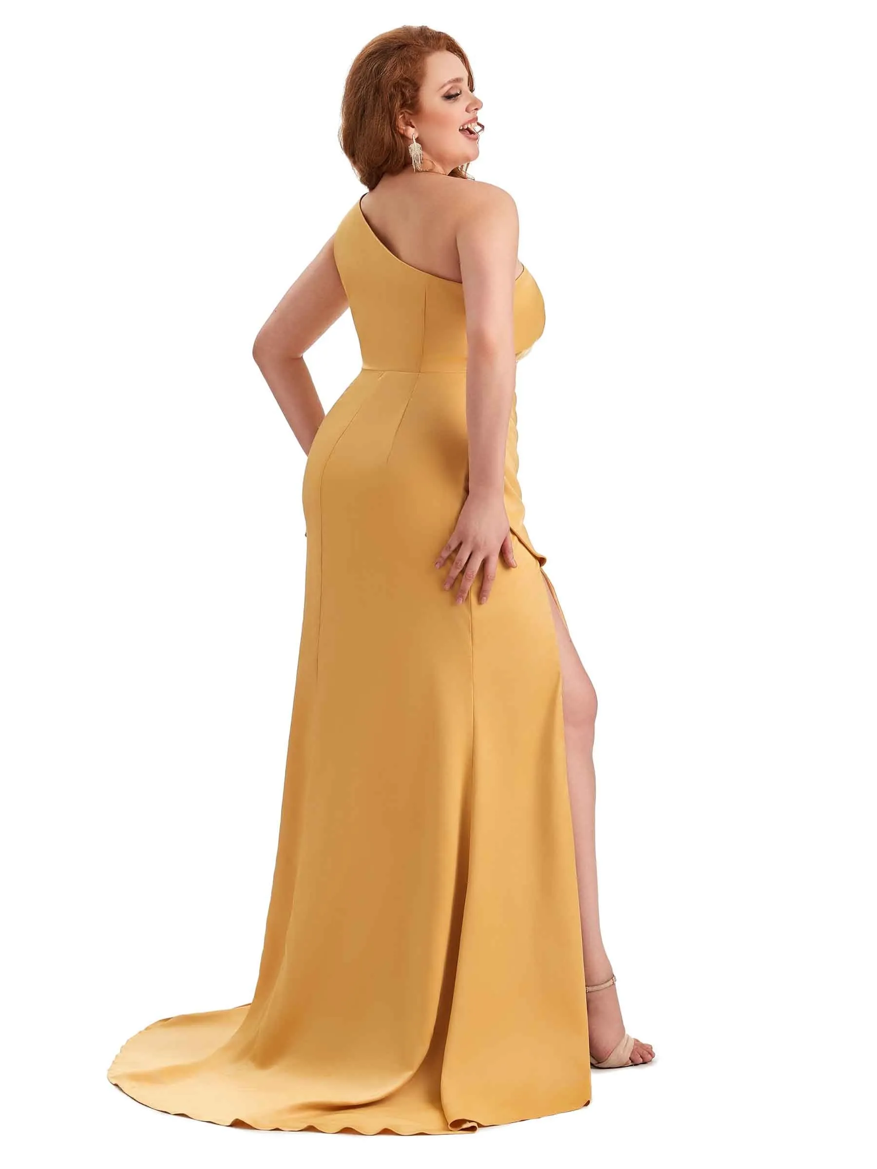 Sexy Unique One Shoulder Side Slit Mermaid Soft Satin Long Plus Size Maid of Honour Dresses sold by ChicSew product image thumbnail 5