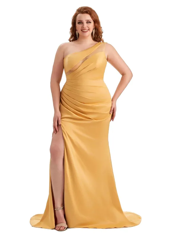 Sexy Unique One Shoulder Side Slit Mermaid Soft Satin Long Plus Size Maid of Honour Dresses sold by ChicSew