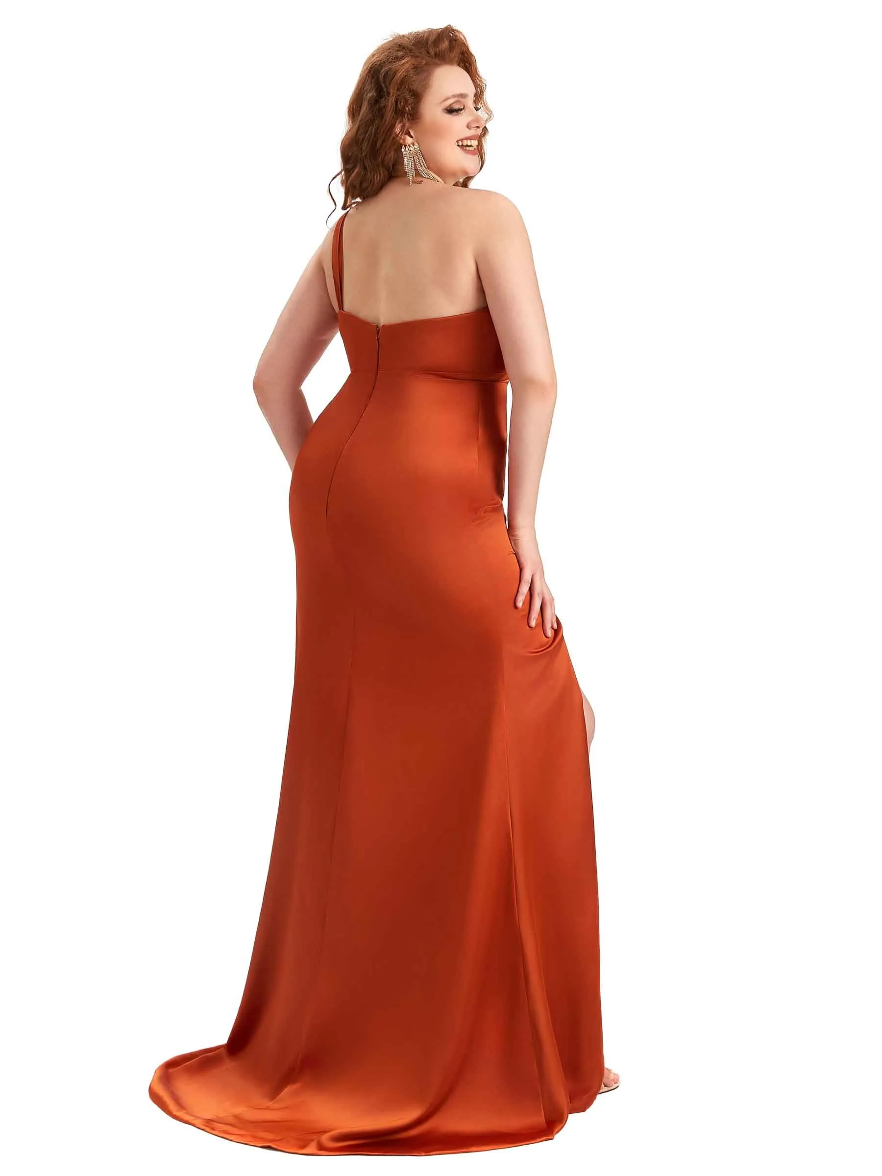 Plus Size Sexy Side Slit Mermaid One Shoulder Soft Satin Long Bridesmaid Dress For Wedding sold by ChicSew product image thumbnail 4