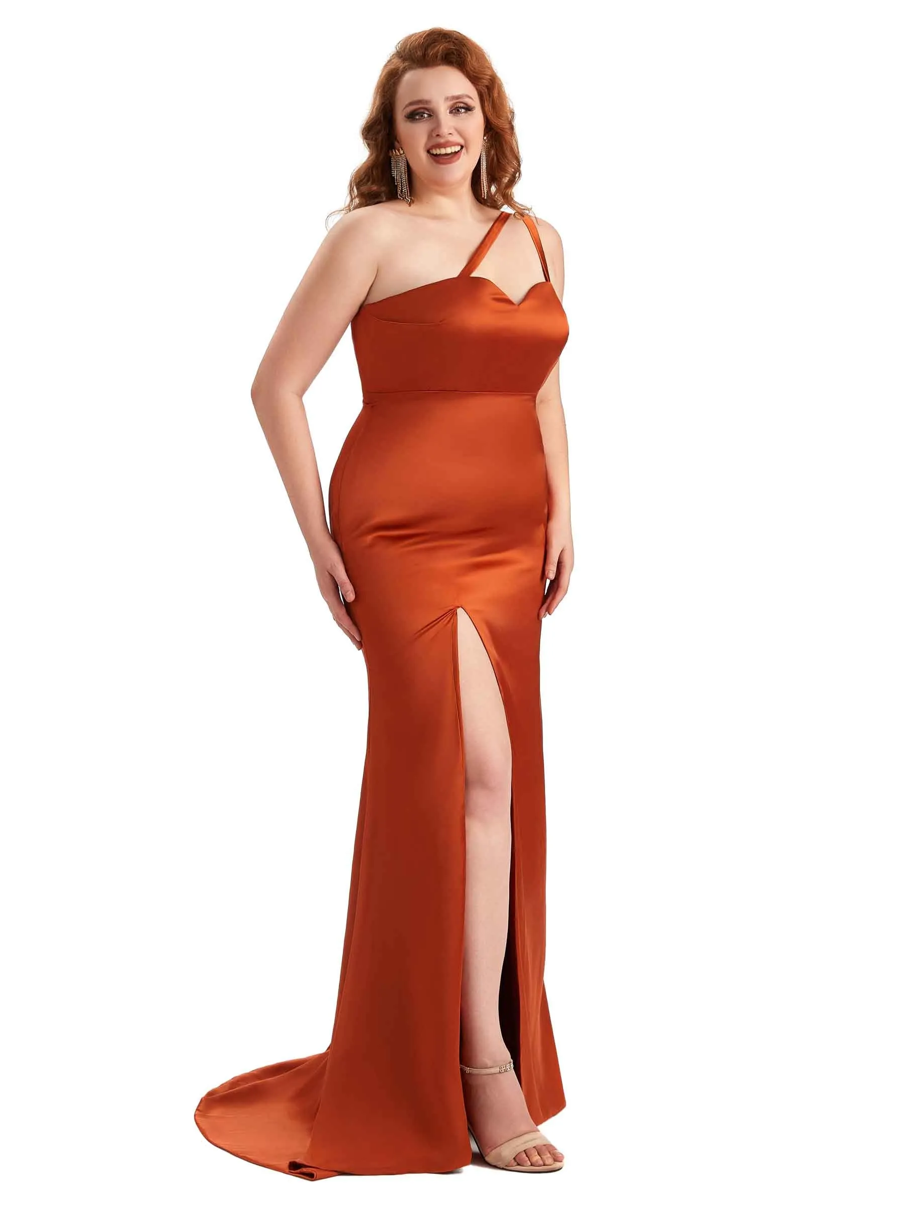 Plus Size Sexy Side Slit Mermaid One Shoulder Soft Satin Long Bridesmaid Dress For Wedding sold by ChicSew product image thumbnail 5