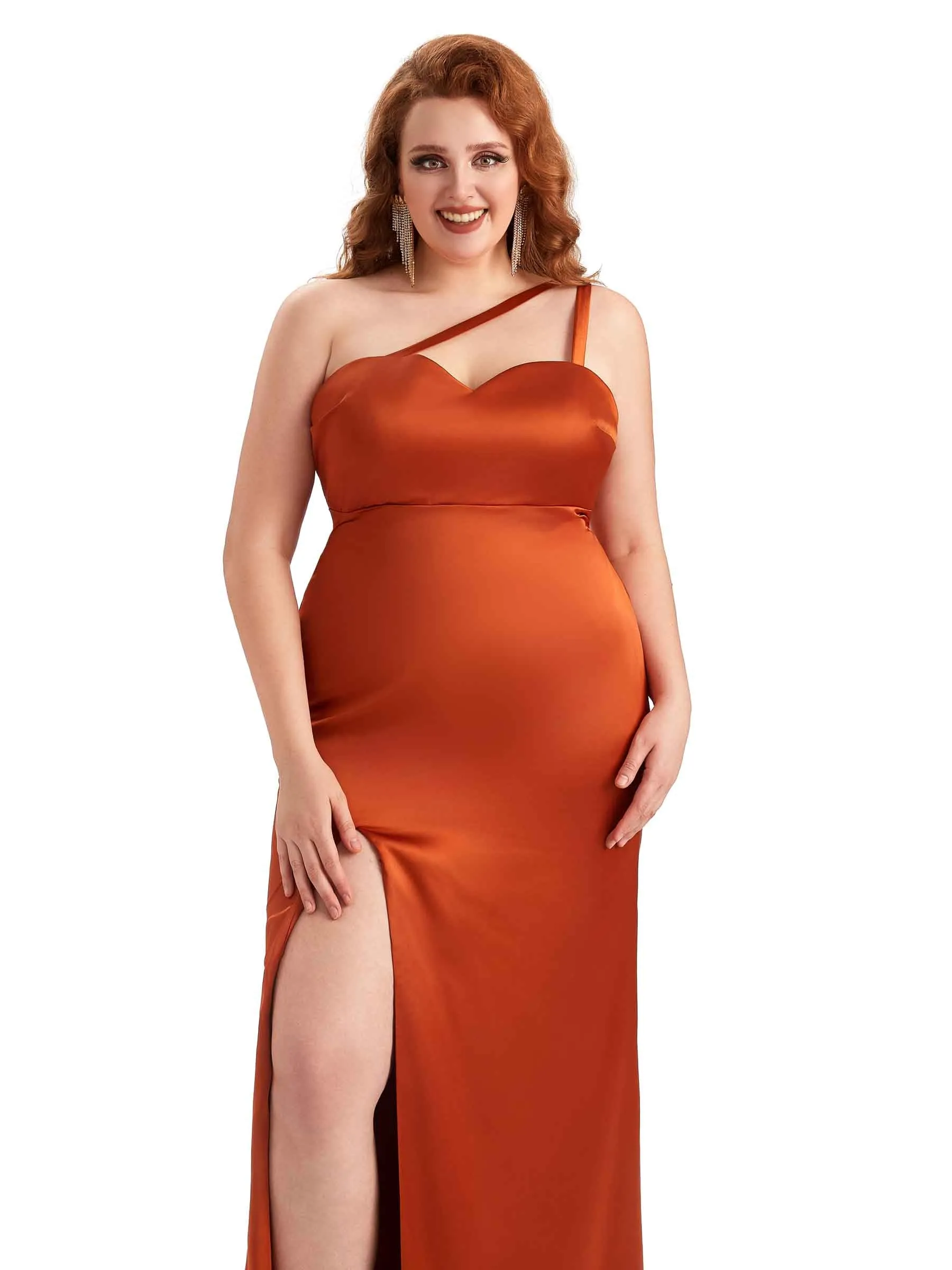 Plus Size Sexy Side Slit Mermaid One Shoulder Soft Satin Long Bridesmaid Dress For Wedding sold by ChicSew product image thumbnail 2