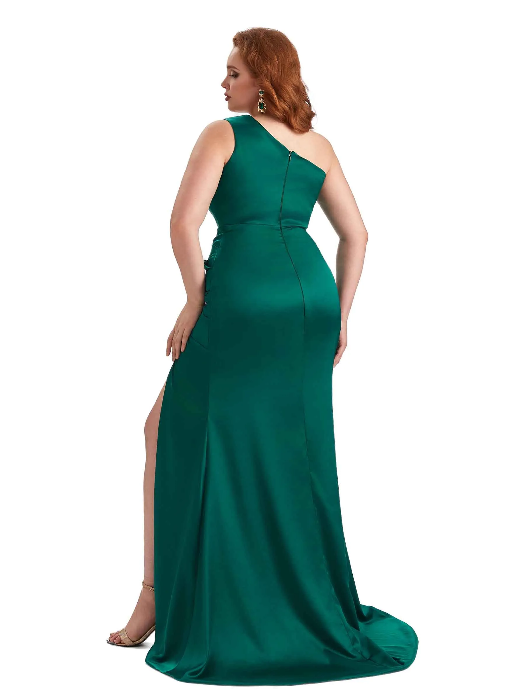 Plus Size One Shoulder Sexy Side Slit Mermaid Soft Satin Long Bridesmaid Dress For Wedding sold by ChicSew product image thumbnail 5
