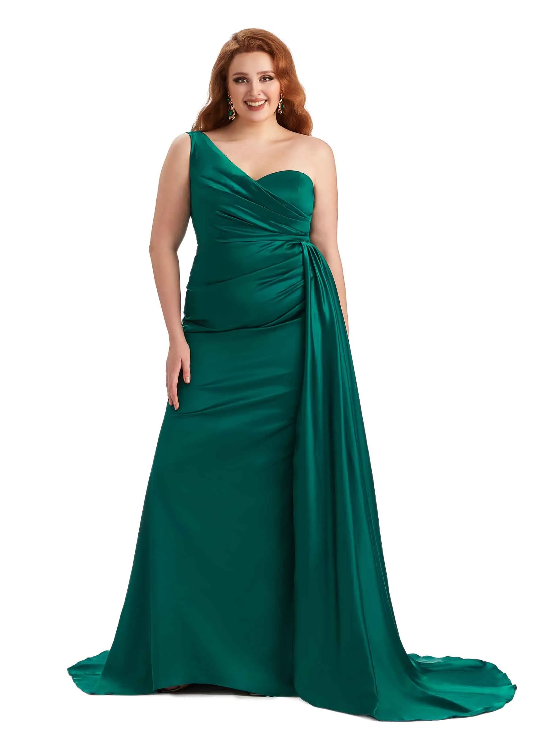 Plus Size Sexy One Shoulder Mermaid Soft Satin Long Bridesmaid Gowns sold by ChicSew