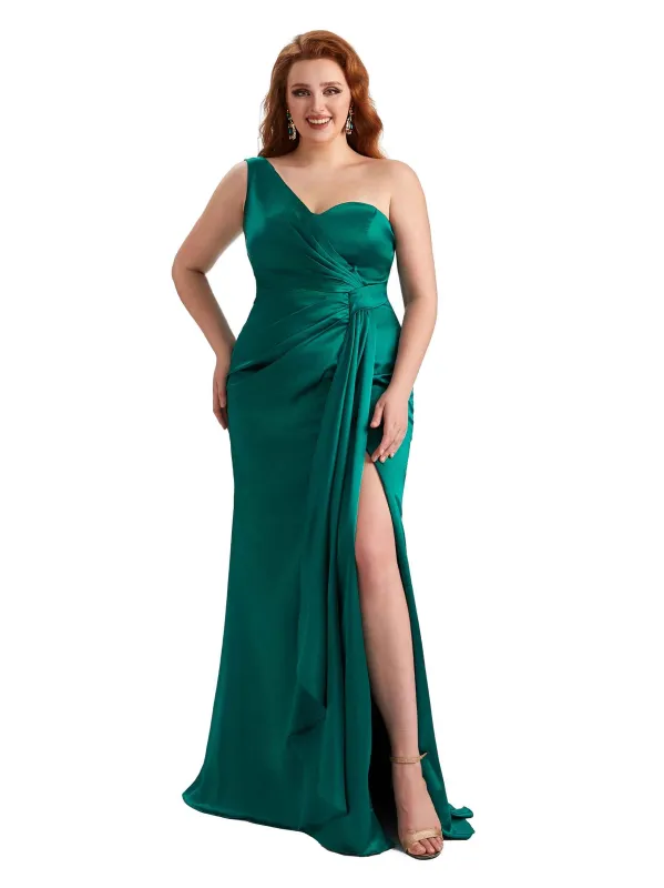 Plus Size Sexy One Shoulder Side Slit Mermaid Satin Long Bridesmaid Dress For Wedding sold by ChicSew