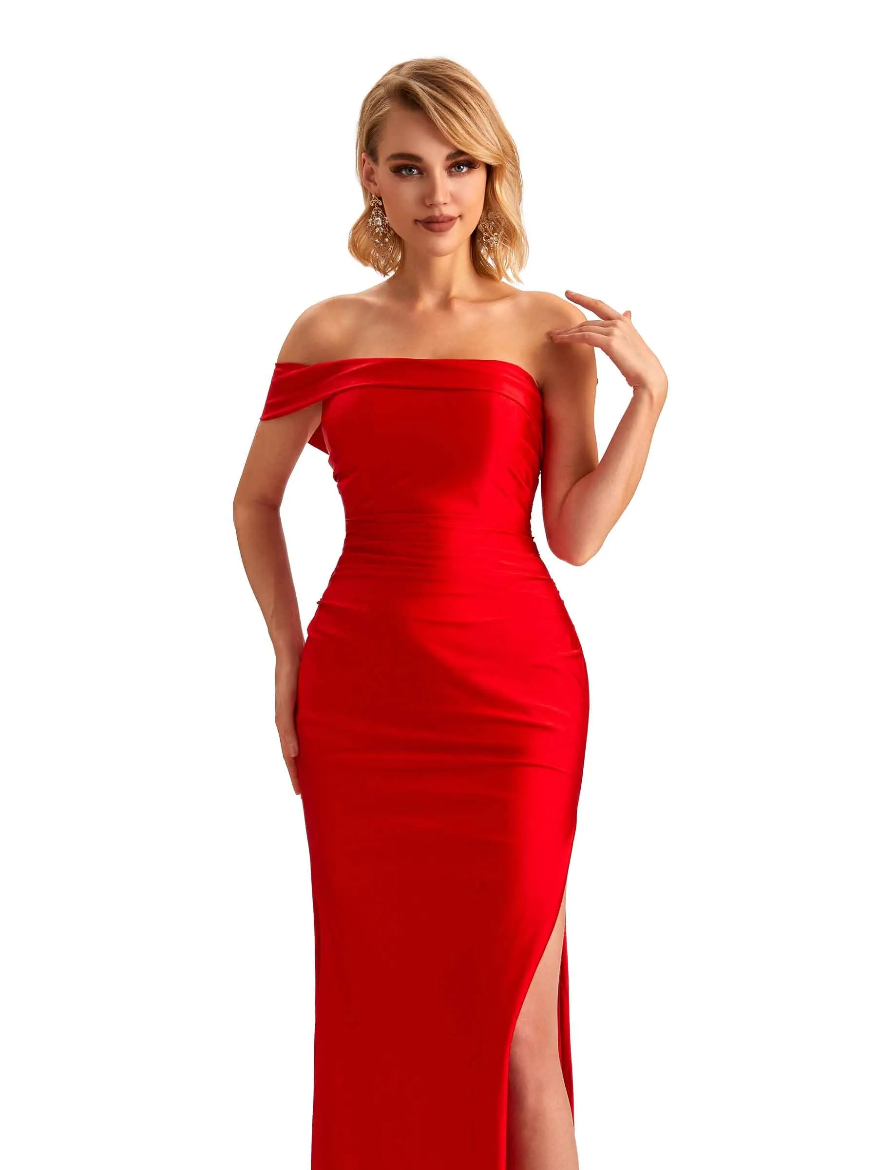 Sexy Side Slit One Shoulder Mermaid Soft Satin Unique Long Bridesmaid Dress For Wedding sold by ChicSew product image thumbnail 2
