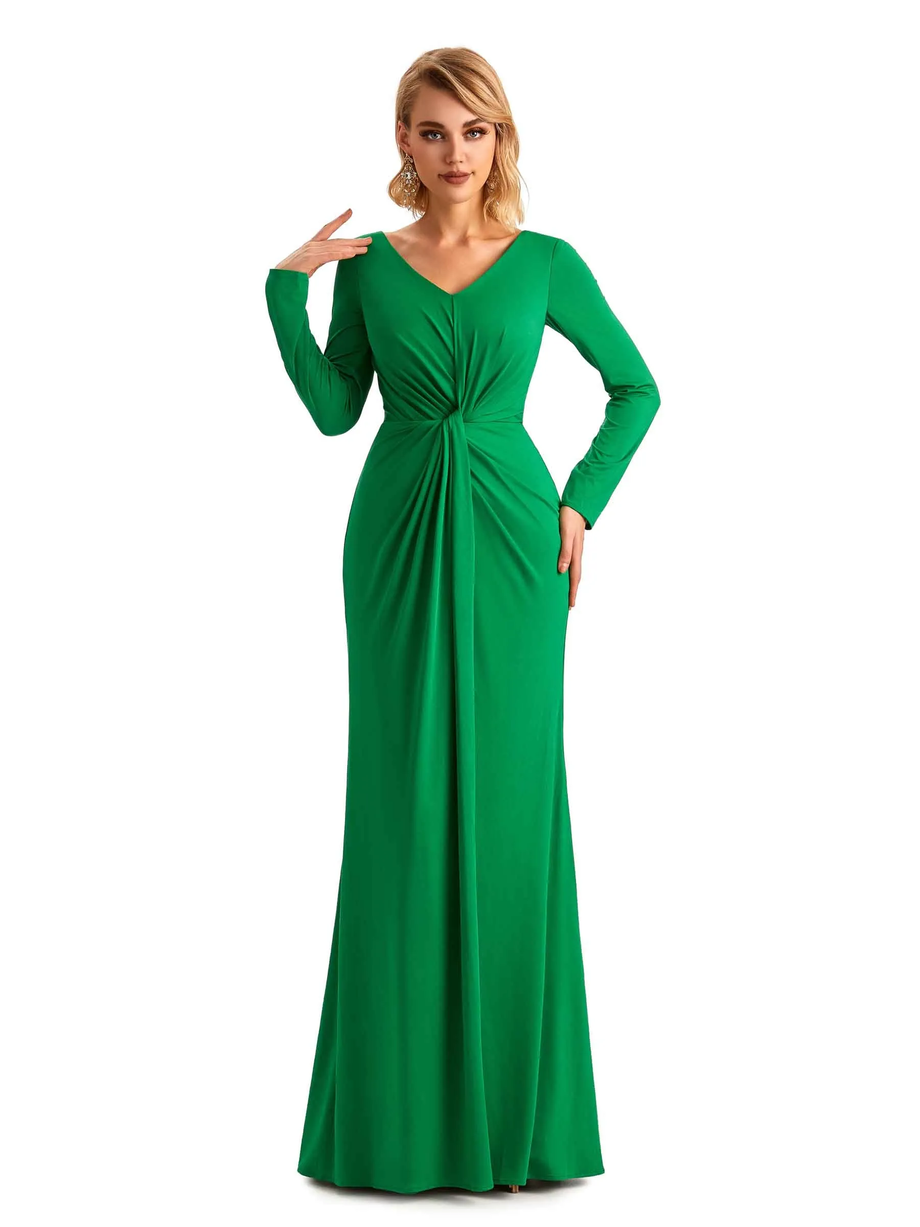 Elegant Mermaid Pleats V-neck Long-Sleeves Stretchy Jersey Long Formal Bridesmaid Dresses sold by ChicSew