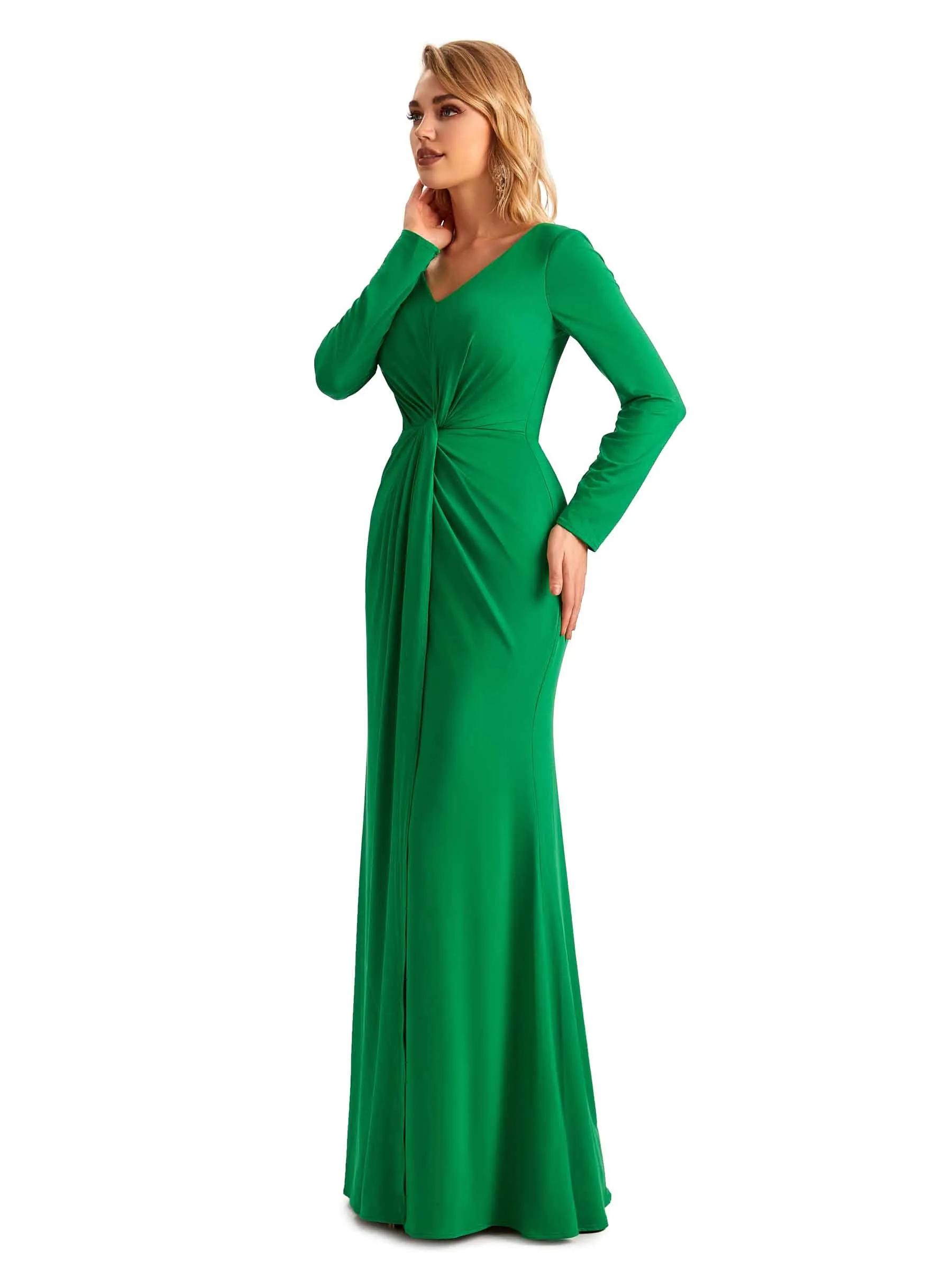 Elegant Mermaid Pleats V-neck Long-Sleeves Stretchy Jersey Long Formal Bridesmaid Dresses sold by ChicSew product image thumbnail 5