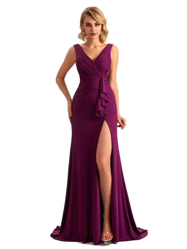 Elegant Side Slit Mermaid Pleats V-neck Stretchy Jersey Long Formal Bridesmaid Dresses sold by ChicSew