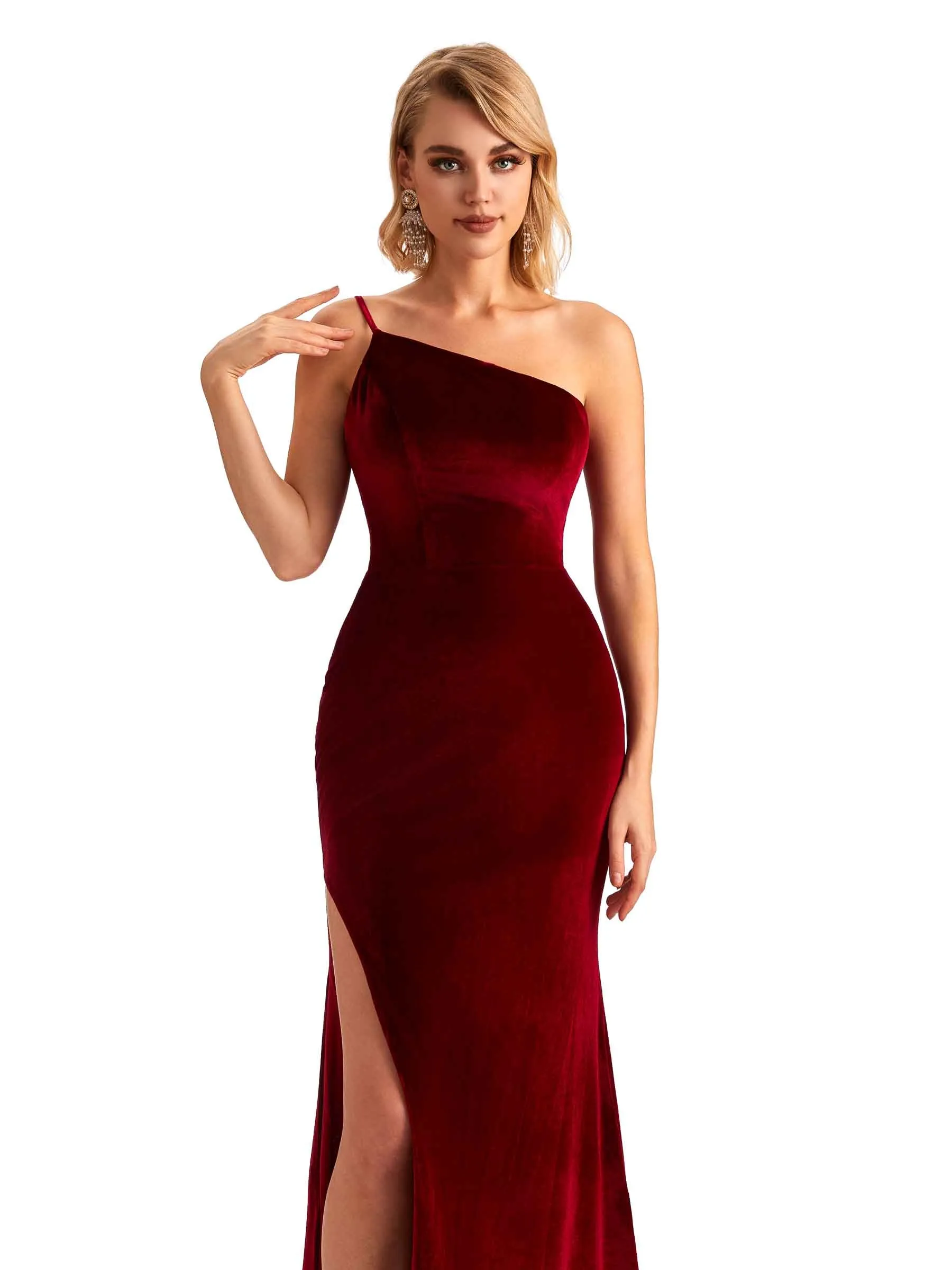 Sexy Side Slit Mermaid One Shoulder Formal Velvet Long Bridesmaid Dresses sold by ChicSew product image thumbnail 2