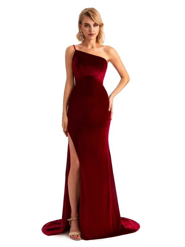 Sexy Side Slit Mermaid One Shoulder Formal Velvet Long Bridesmaid Dresses sold by ChicSew