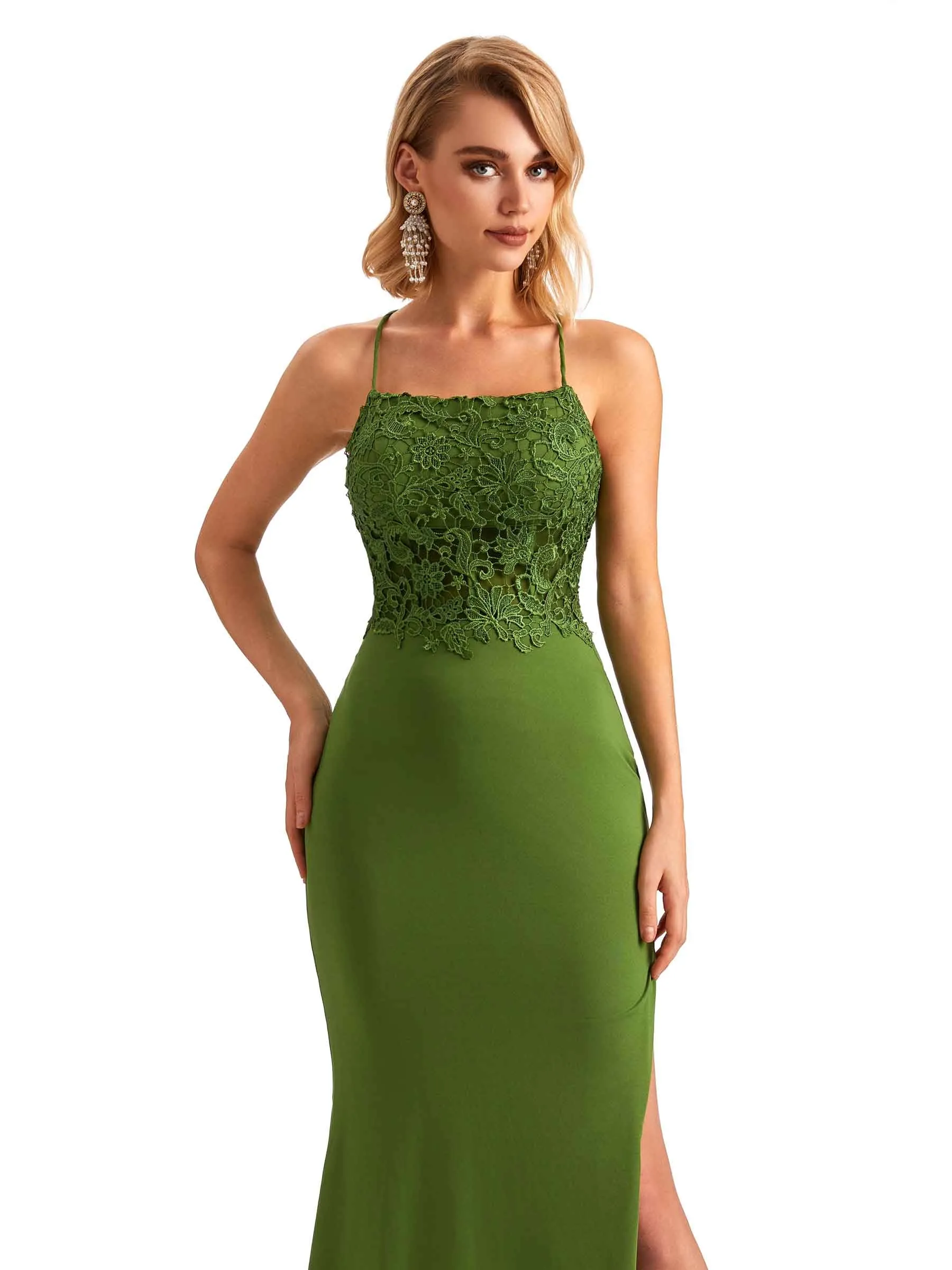 Sexy Side Slit Mermaid Lace Stretchy Jersey Long Formal Bridesmaid Dresses sold by ChicSew product image thumbnail 2