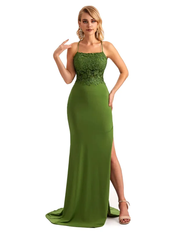 Sexy Side Slit Mermaid Lace Stretchy Jersey Long Formal Bridesmaid Dresses sold by ChicSew
