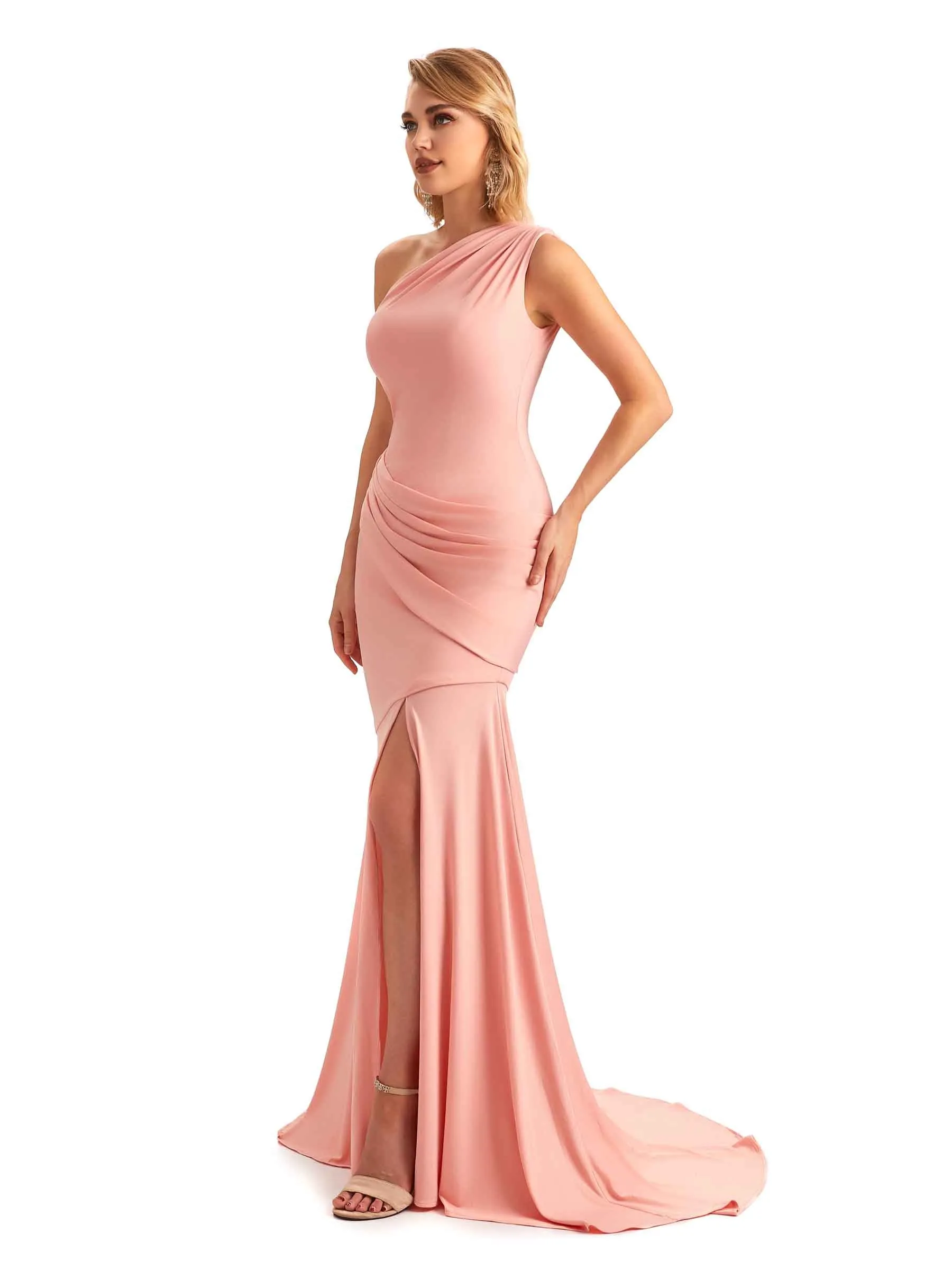Sexy Mermaid One Shoulder Side Slit Stretchy Jersey Long Formal Bridesmaid Dresses sold by ChicSew product image thumbnail 4