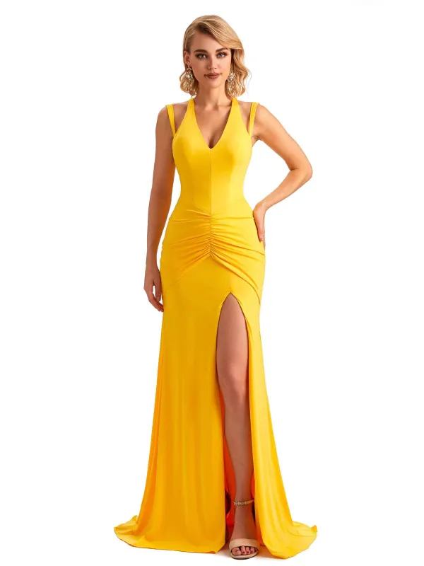 Sexy Side Slit Mermaid V-neck Stretchy Jersey Long Formal Bridesmaid Dresses sold by ChicSew