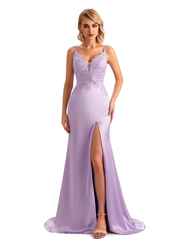 Sexy Side Slit Spaghetti Straps Lace Mermaid Unique Satin Maxi Dress For Wedding sold by ChicSew