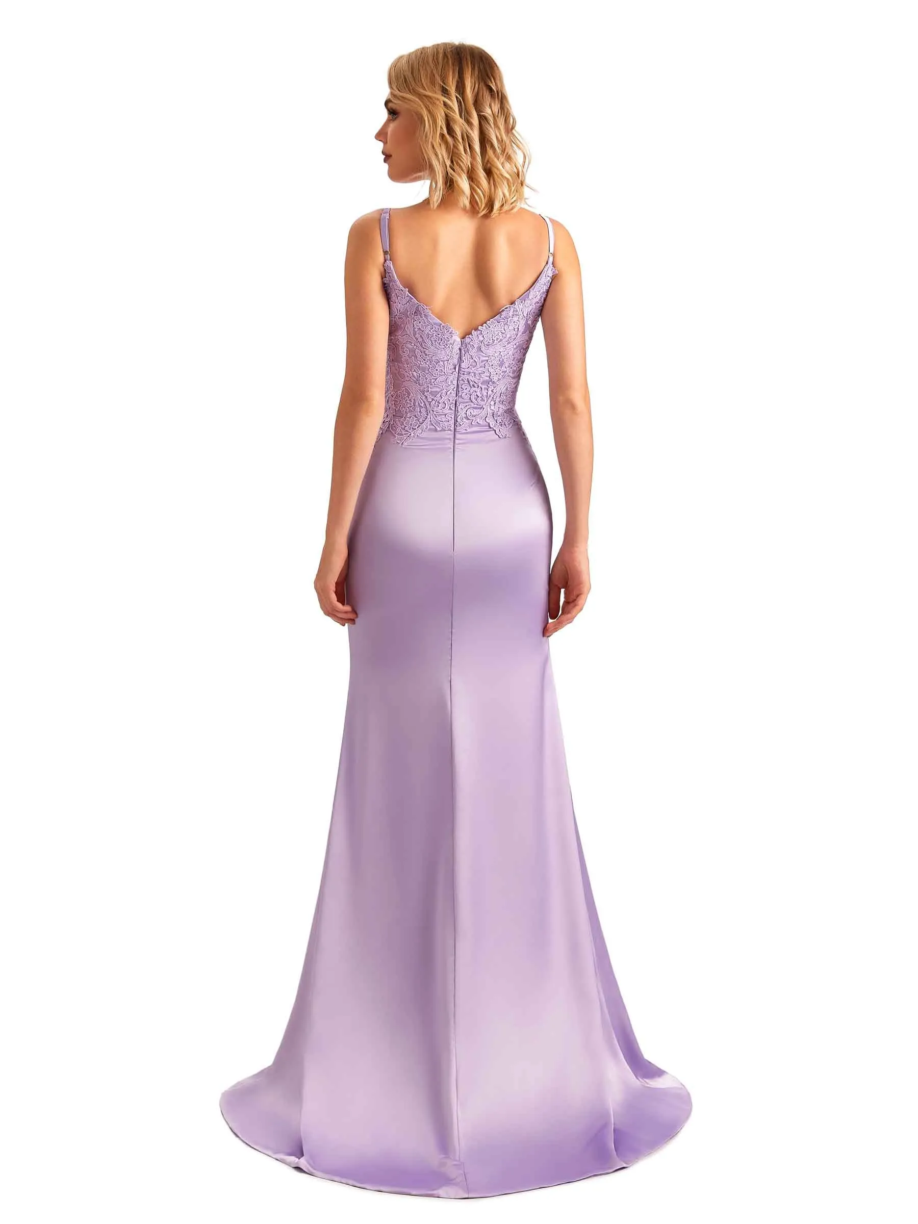 Sexy Side Slit Spaghetti Straps Lace Mermaid Unique Satin Maxi Dress For Wedding sold by ChicSew product image thumbnail 3