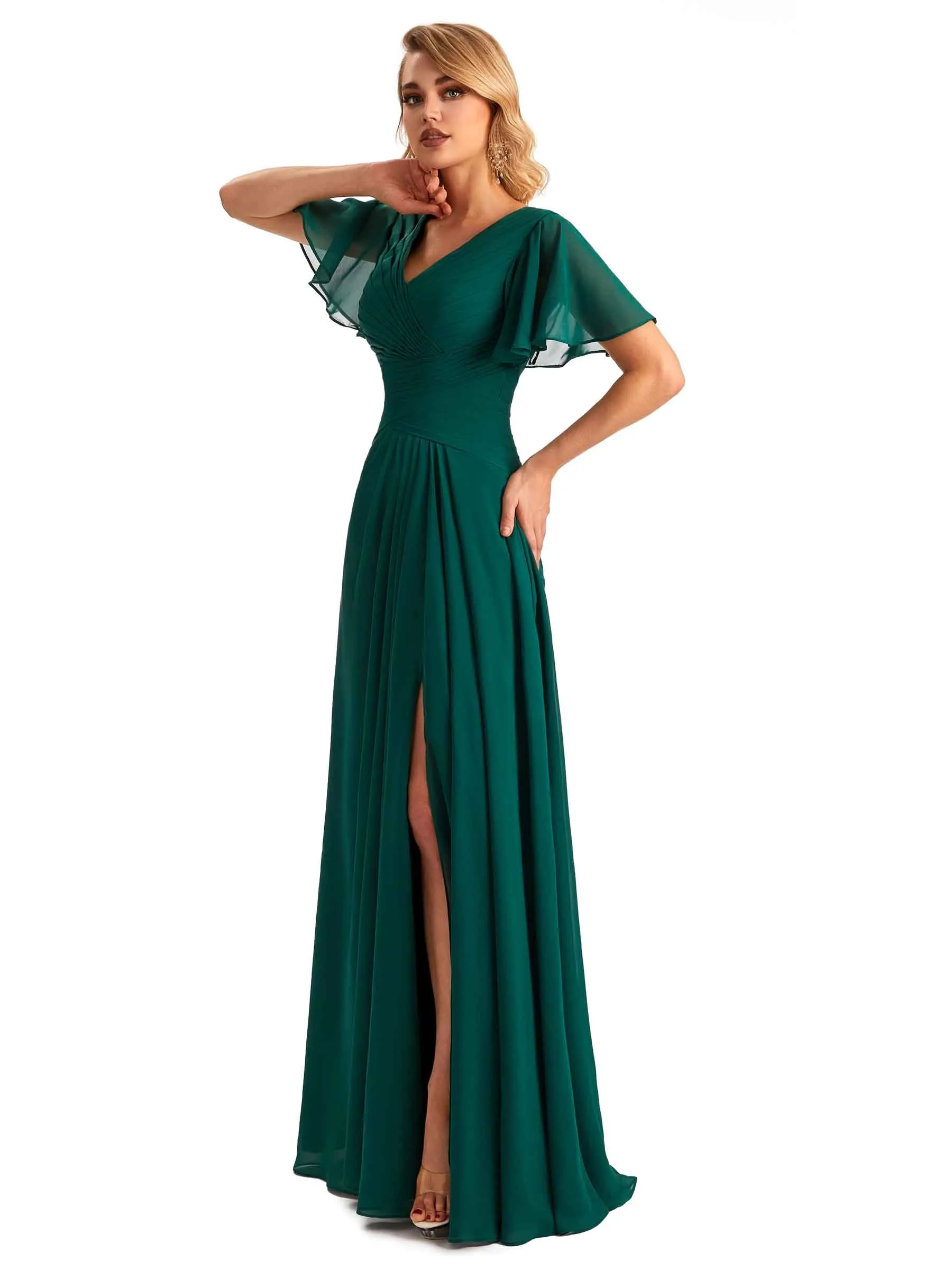 Elegant Chiffon Short Sleeves A-Line Side Slit Pleats Long Mother of the Brides Dresses sold by ChicSew product image thumbnail 5