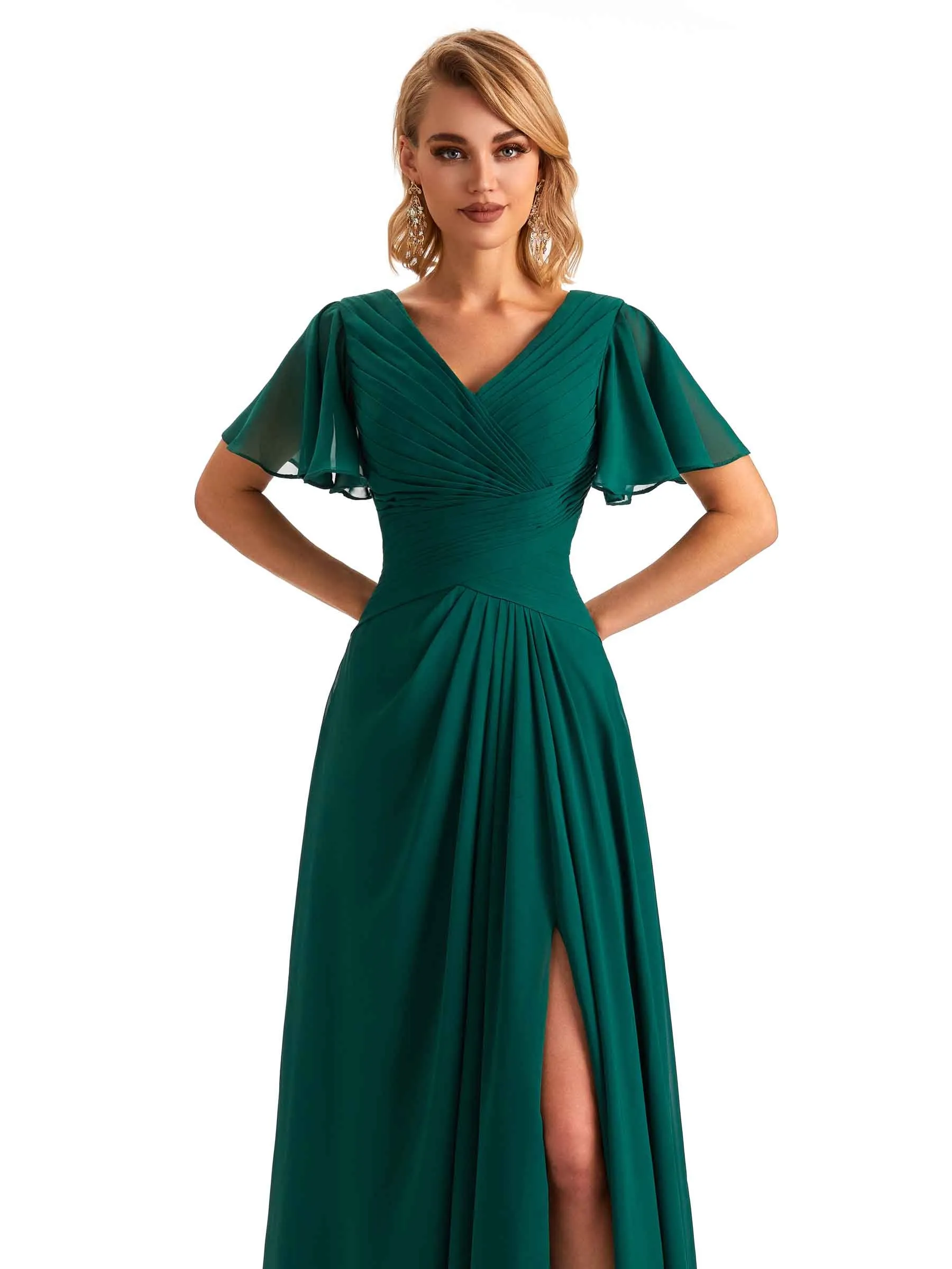 Elegant Chiffon Short Sleeves A-Line Side Slit Pleats Long Mother of the Brides Dresses sold by ChicSew product image thumbnail 2