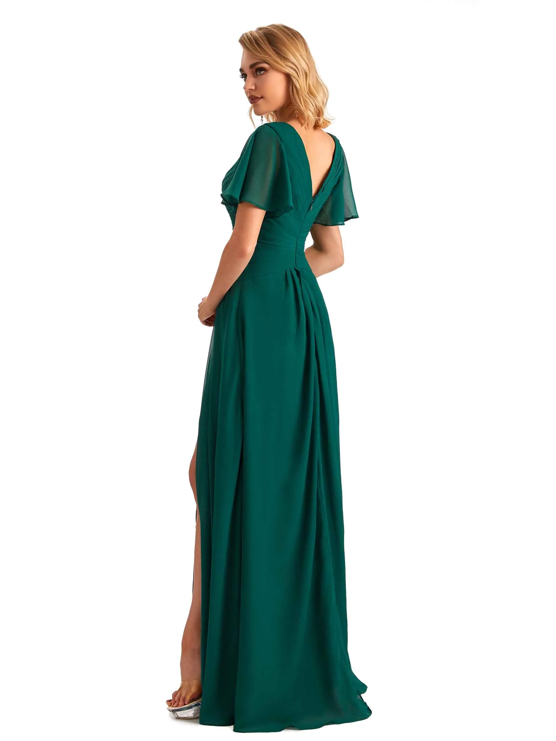 Elegant Chiffon Short Sleeves A-Line Side Slit Pleats Long Mother of the Brides Dresses sold by ChicSew product image thumbnail 4