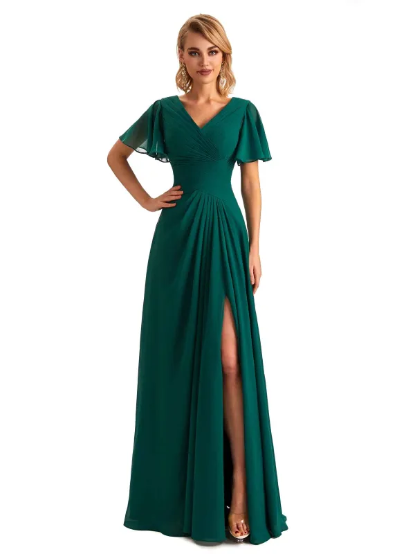 Elegant Chiffon Short Sleeves A-Line Side Slit Pleats Long Mother of the Brides Dresses sold by ChicSew