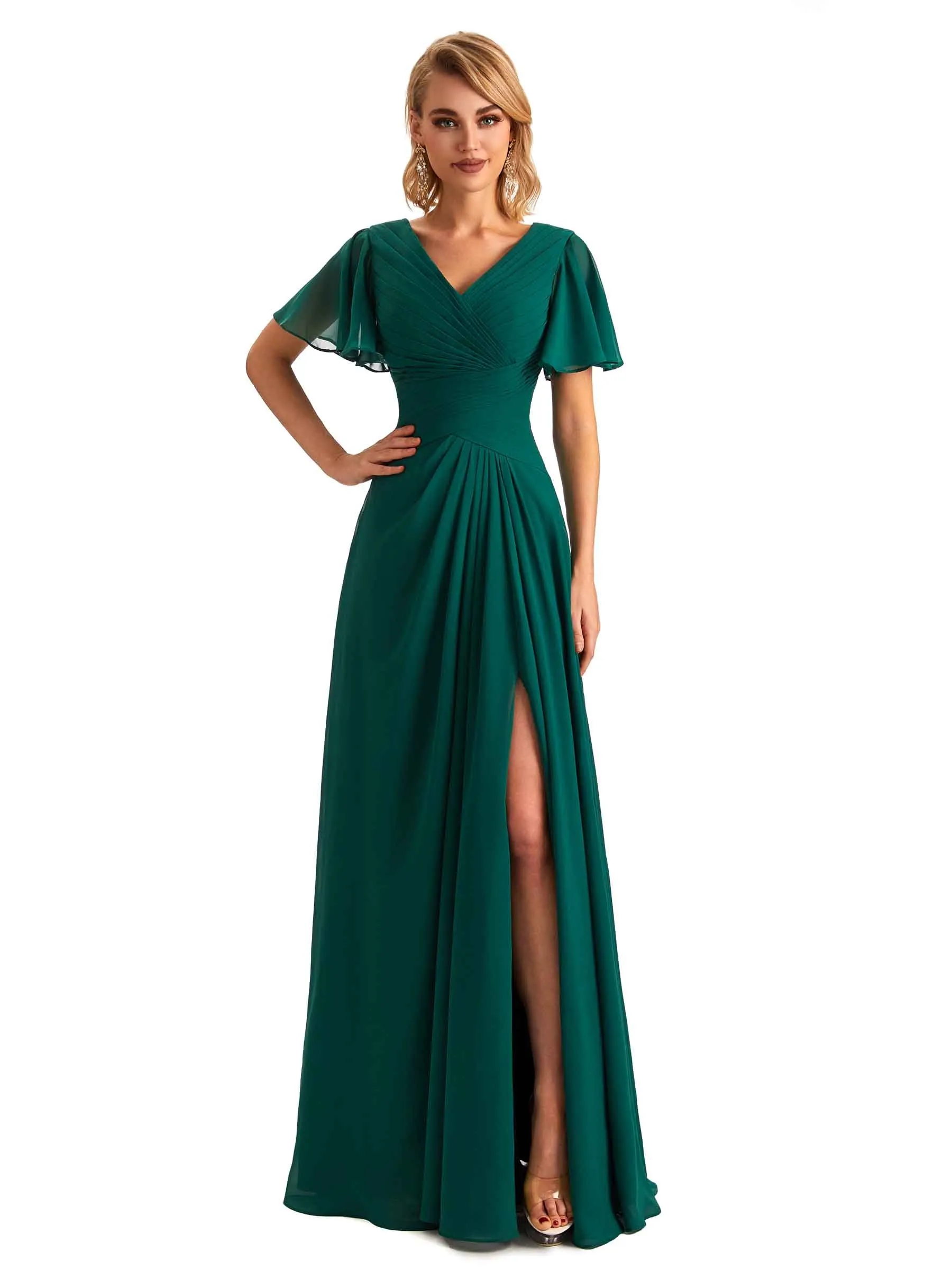 Elegant Chiffon Short Sleeves A-Line Side Slit Pleats Long Mother of the Brides Dresses sold by ChicSew