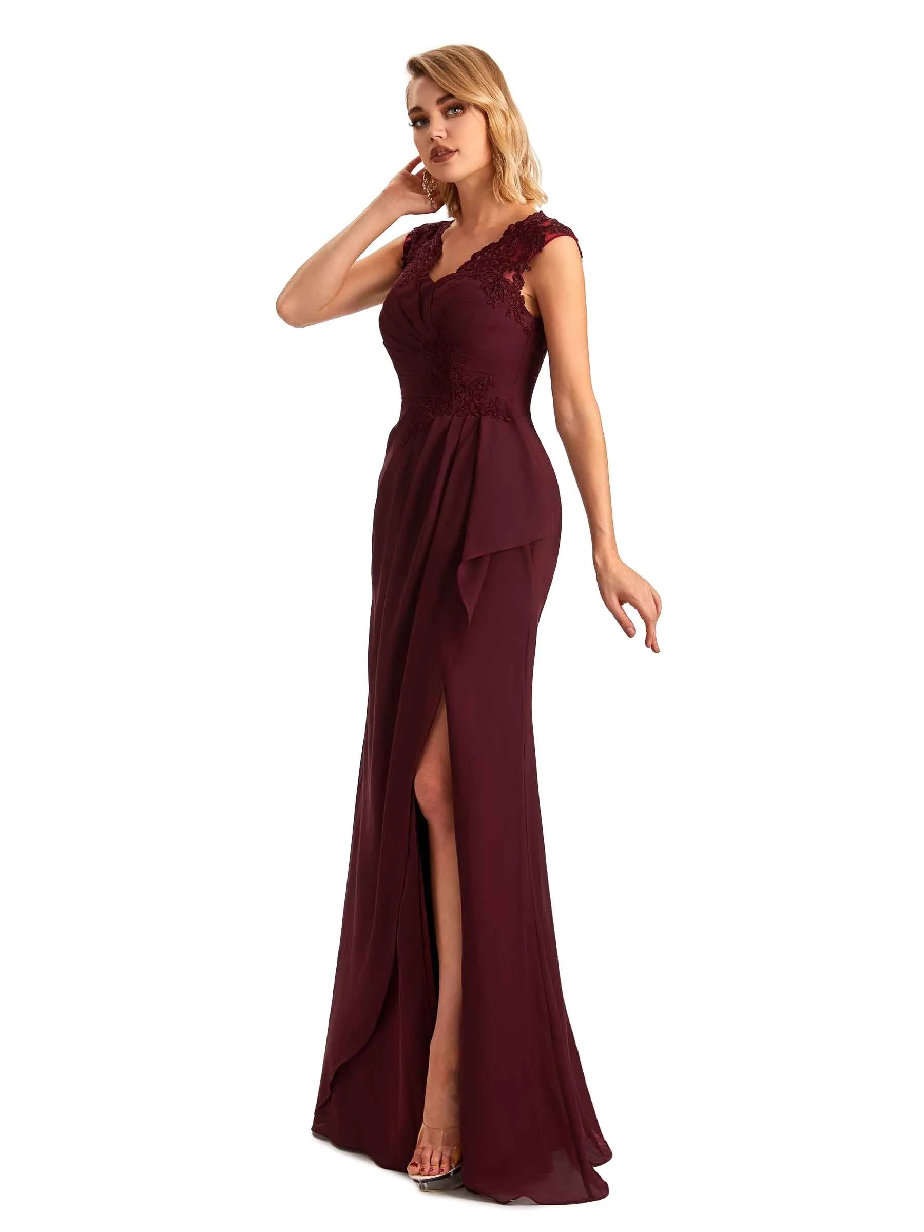 Elegant Chiffon A-line Lace Straps Side Slit Long Mother of the Brides Dresses sold by ChicSew product image thumbnail 4