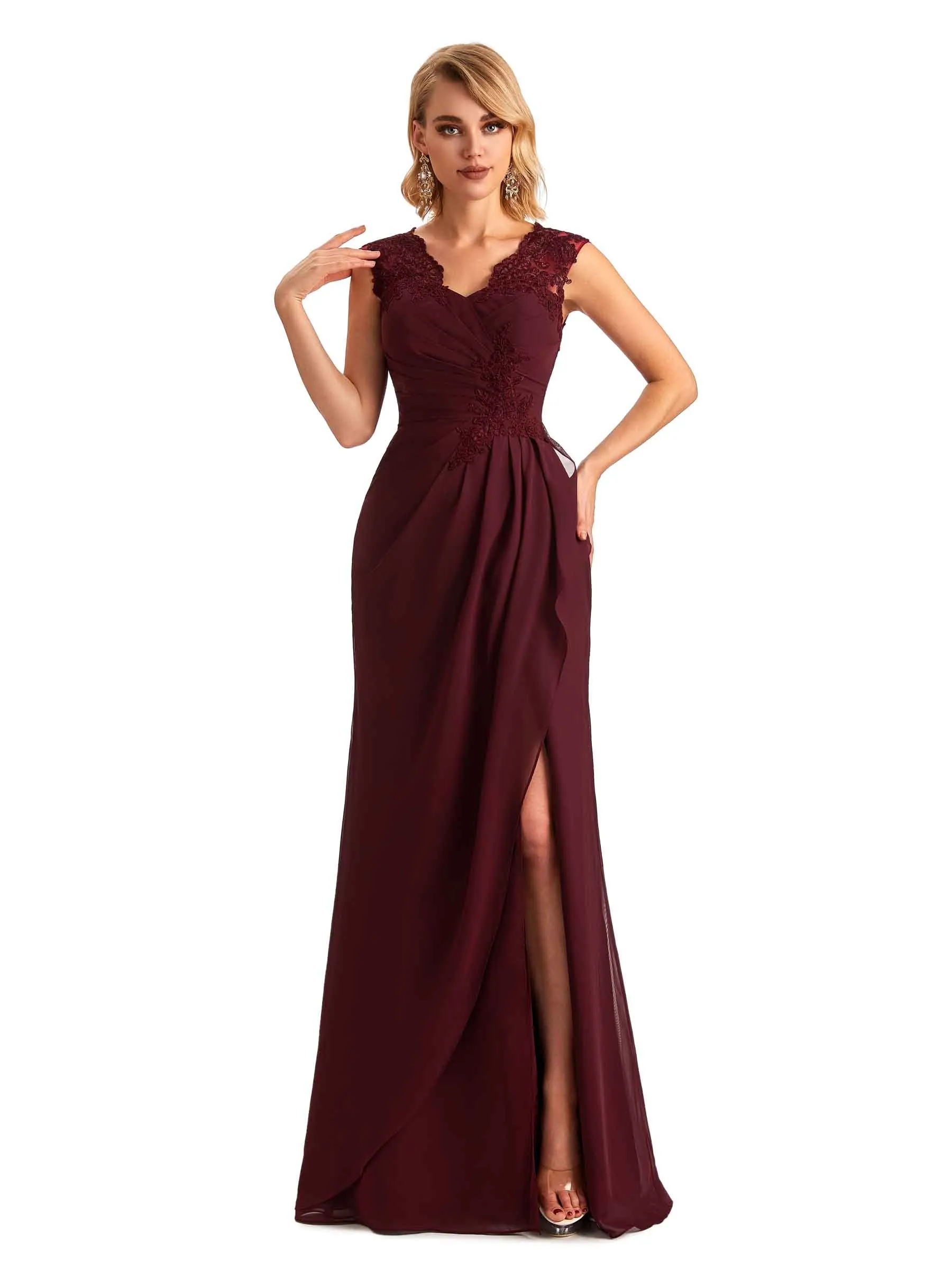 Elegant Chiffon A-line Lace Straps Side Slit Long Mother of the Brides Dresses sold by ChicSew