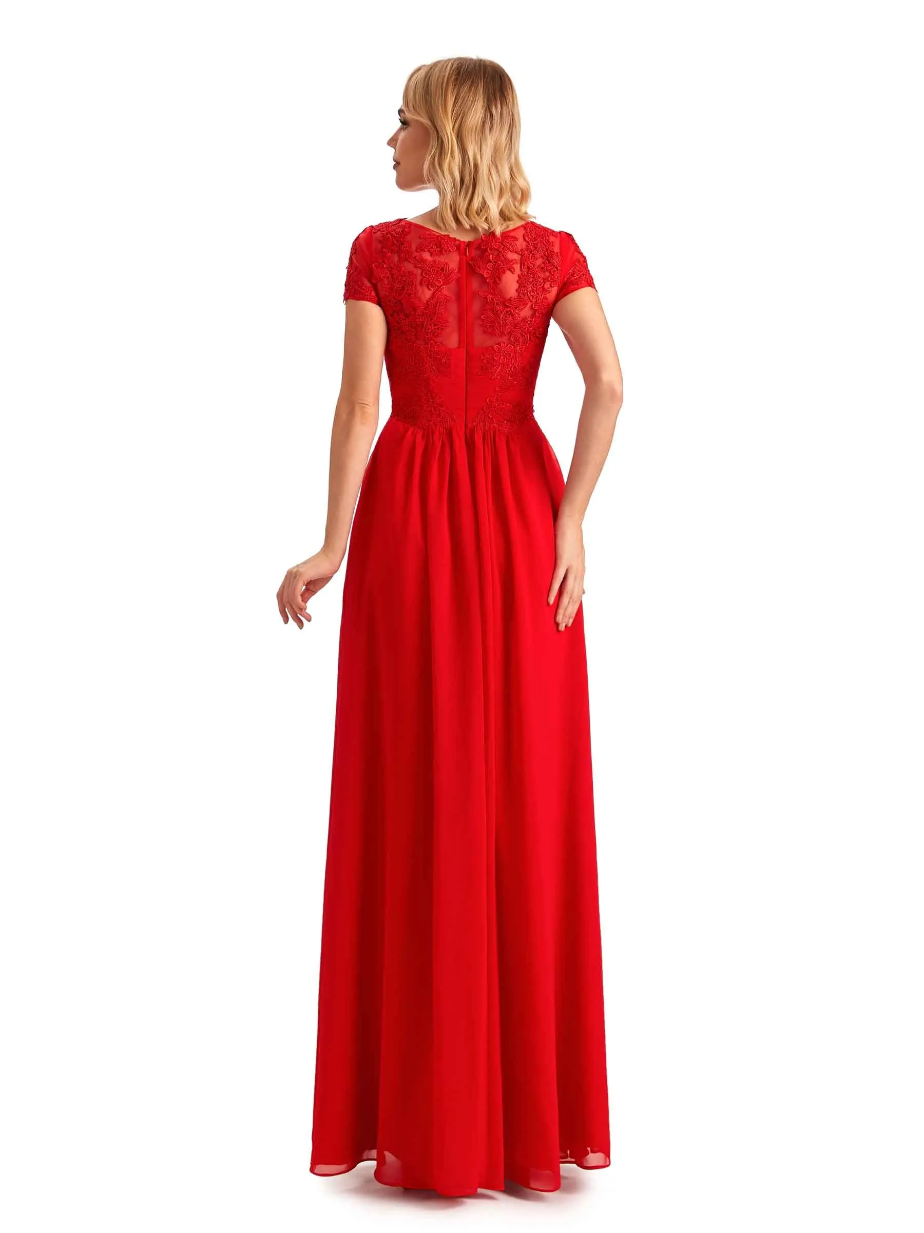 Elegant Short Sleeves Jewel Side Slit Chiffon Lace A-line Long Mother of the Groom Dresses sold by ChicSew product image thumbnail 3