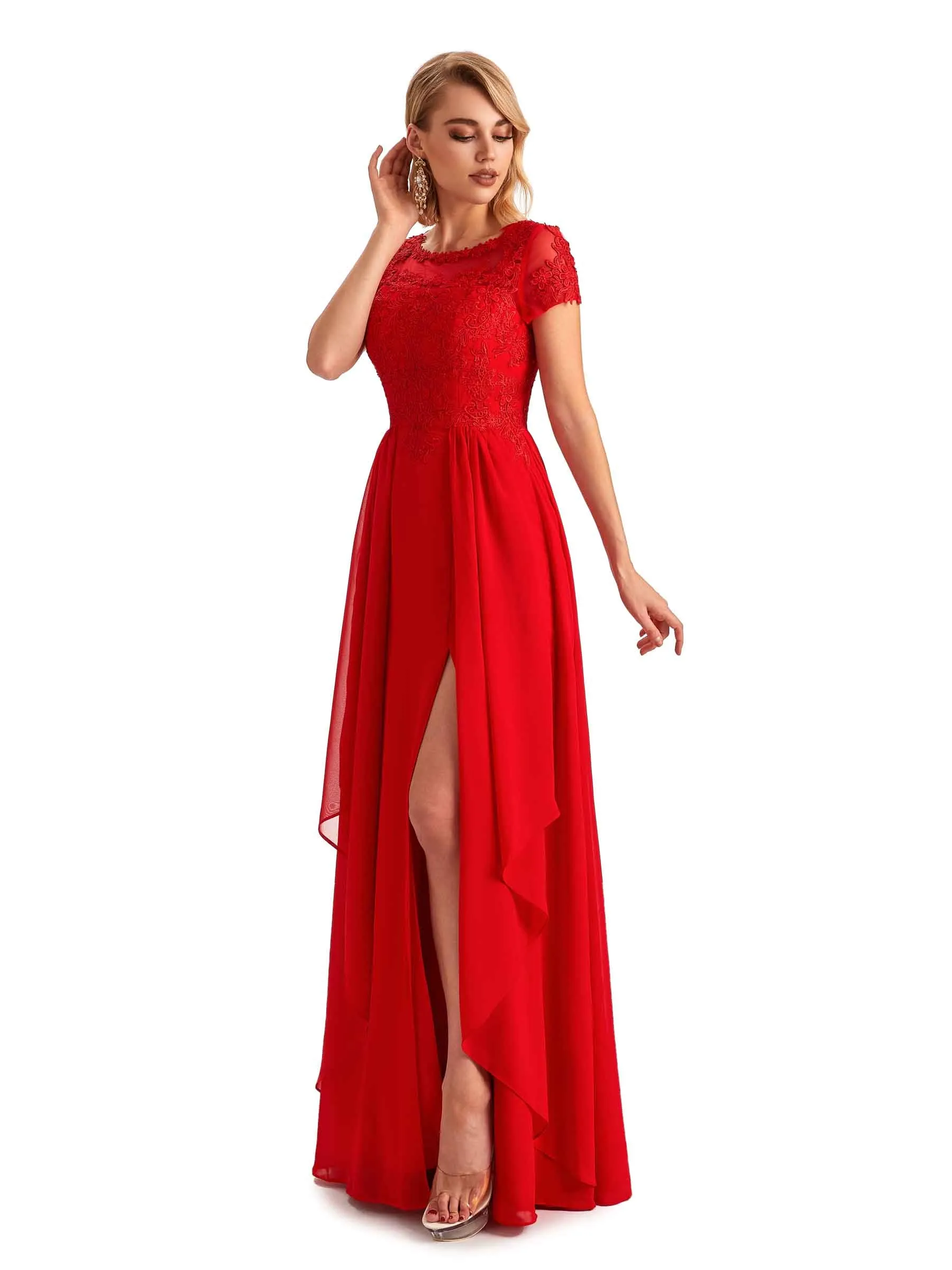 Elegant Short Sleeves Jewel Side Slit Chiffon Lace A-line Long Mother of the Groom Dresses sold by ChicSew product image thumbnail 4