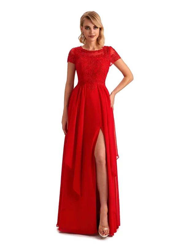 Elegant Short Sleeves Jewel Side Slit Chiffon Lace A-line Long Mother of the Groom Dresses sold by ChicSew