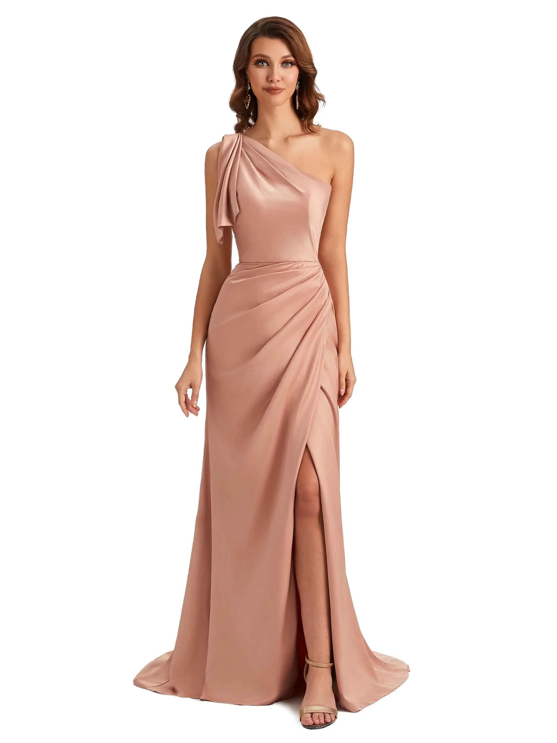 Sexy One Shoulder Mermaid Side Slit Unique Silky Satin Bridesmaid Dresses Online sold by ChicSew