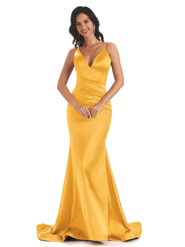 Sexy Spaghetti Straps Soft Satin V-Neck Mermaid Long Bridesmaid Dresses In Stock sold by ChicSew