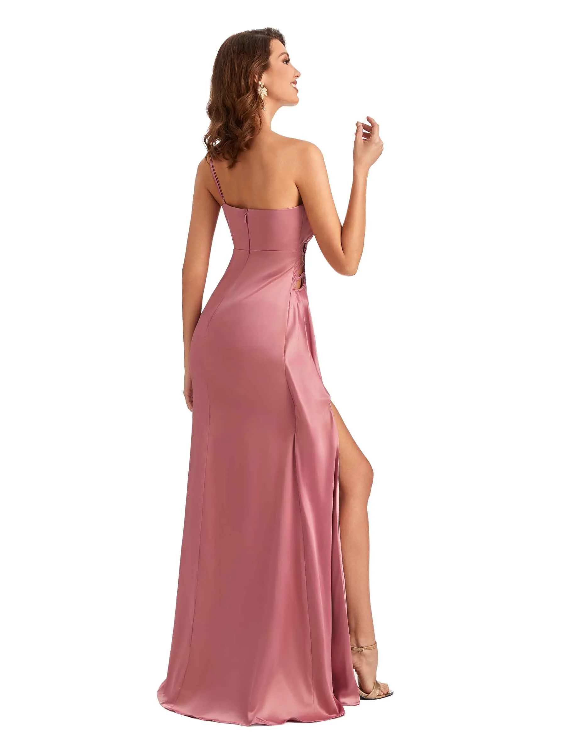 Sexy One Shoulder Side Split Mermaid Silky Satin Maid of Honor Dresses sold by ChicSew product image thumbnail 5