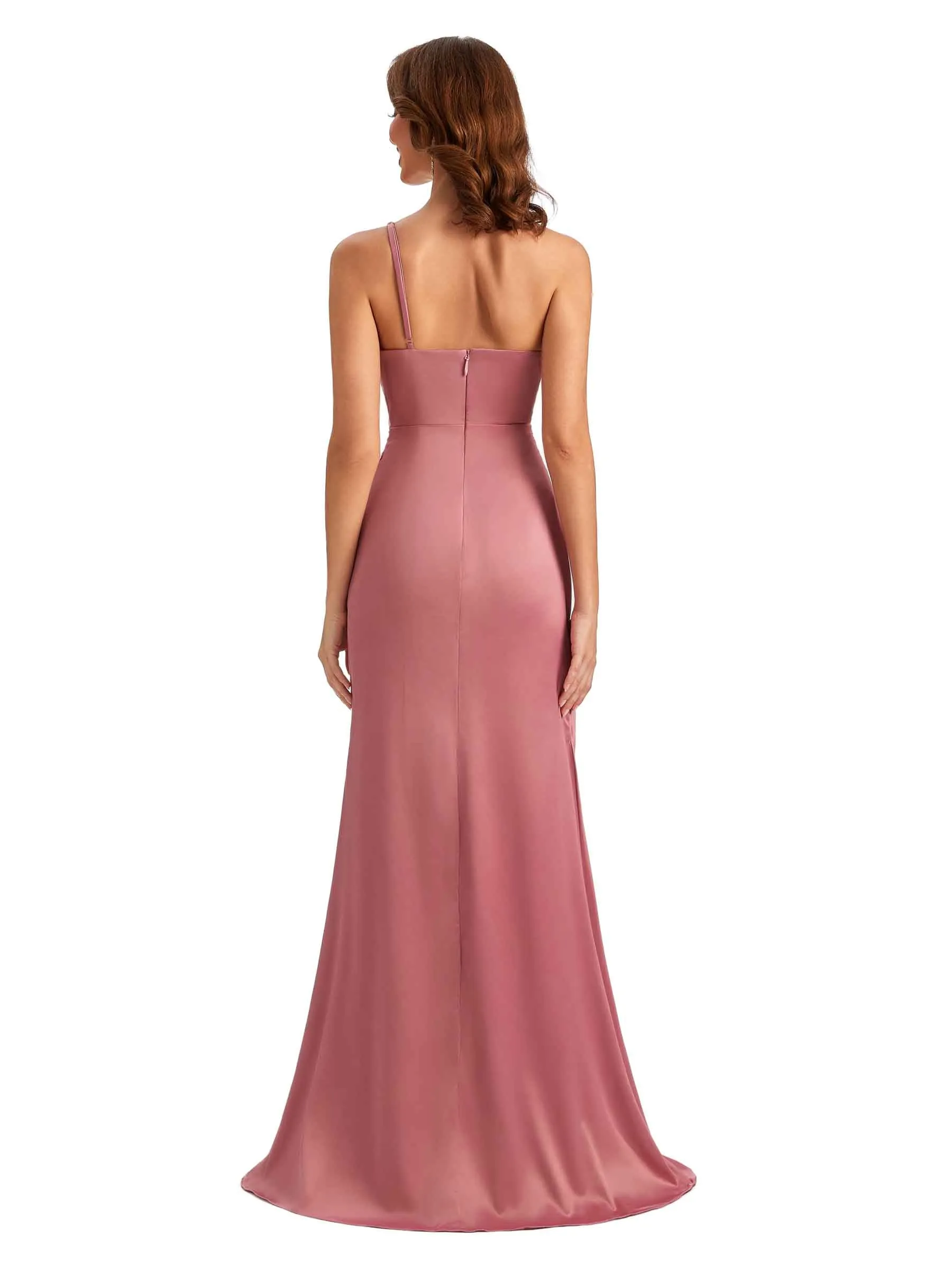 Sexy One Shoulder Side Split Mermaid Silky Satin Maid of Honor Dresses sold by ChicSew product image thumbnail 3