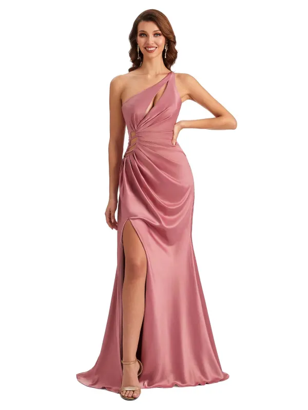 Sexy One Shoulder Side Split Mermaid Silky Satin Maid of Honor Dresses sold by ChicSew