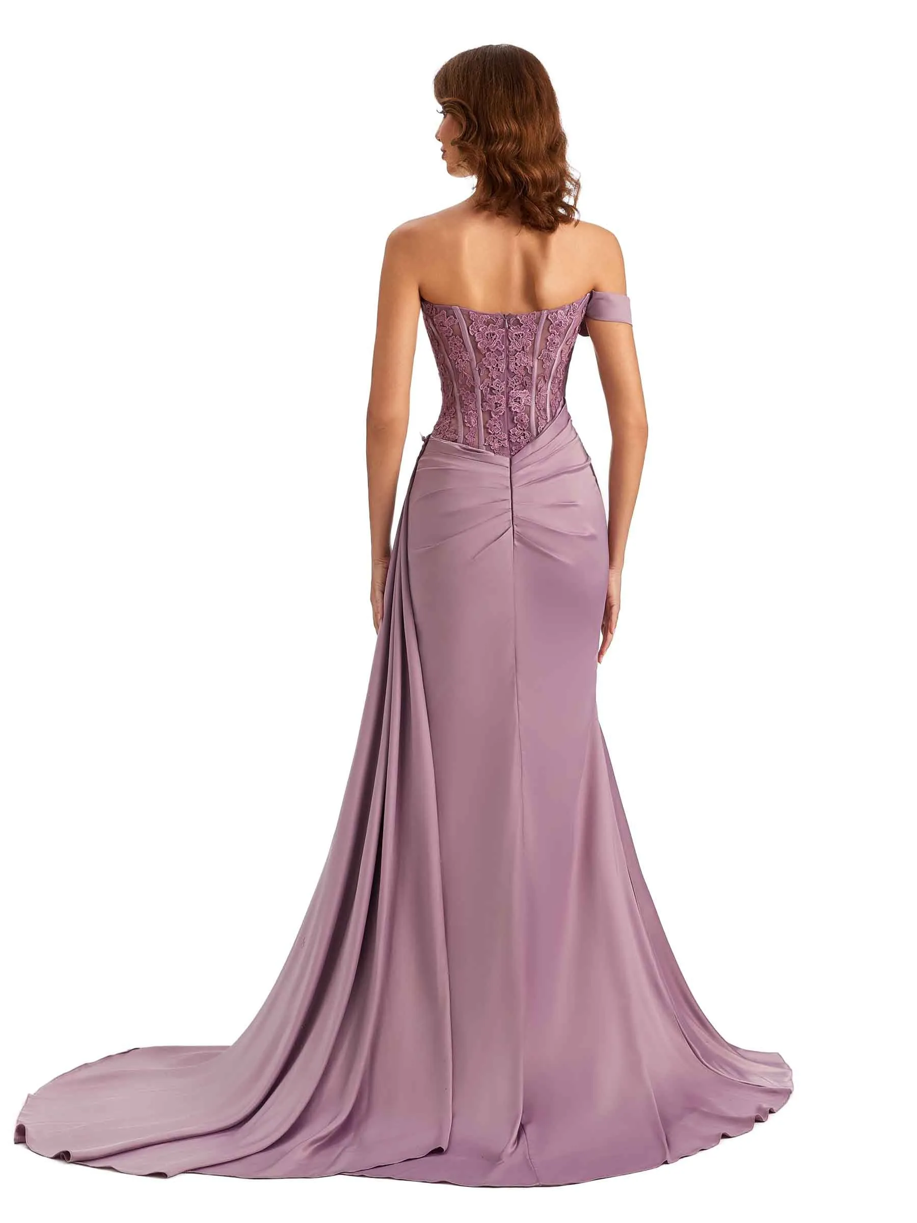 Sexy One Shoulder Lace Side Slit Mermaid Silky Satin Unique Long Bridesmaid Dresses sold by ChicSew product image thumbnail 3