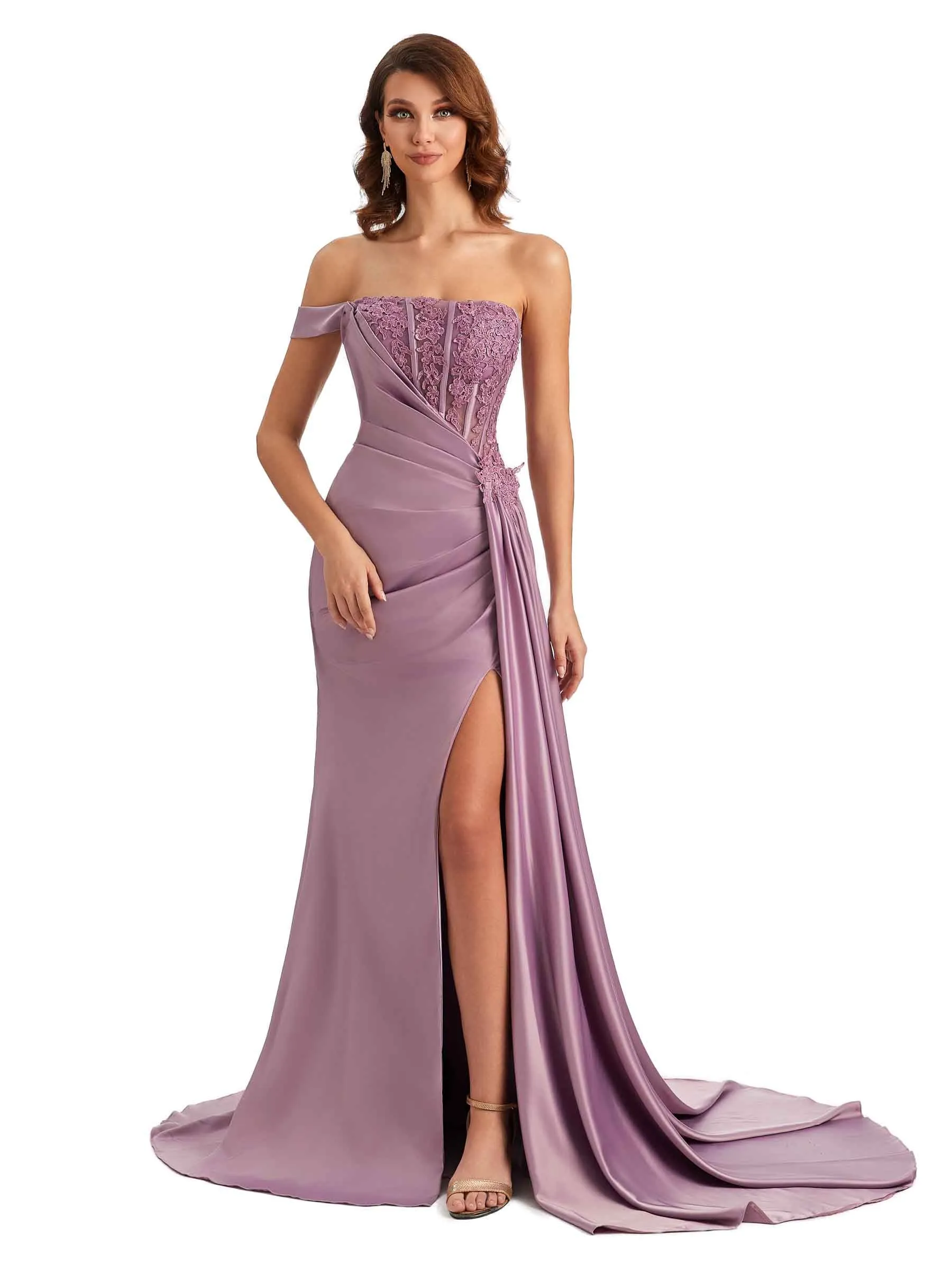 Sexy One Shoulder Lace Side Slit Mermaid Silky Satin Unique Long Bridesmaid Dresses sold by ChicSew