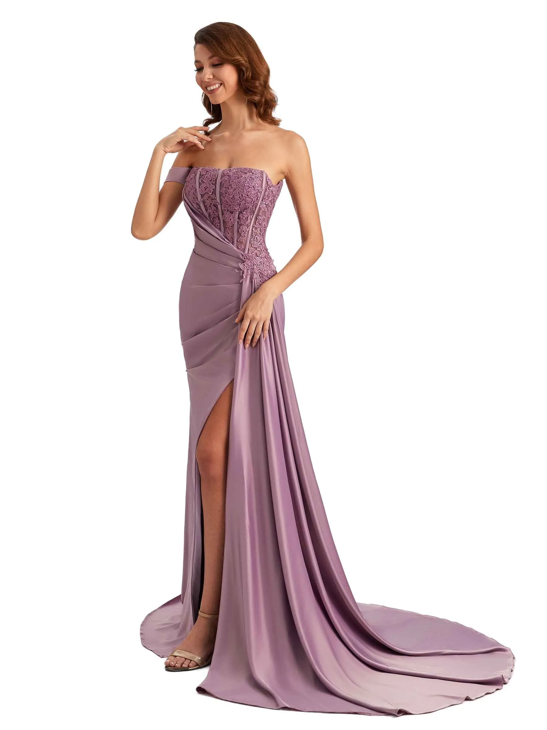 Sexy One Shoulder Lace Side Slit Mermaid Silky Satin Unique Long Bridesmaid Dresses sold by ChicSew product image thumbnail 4