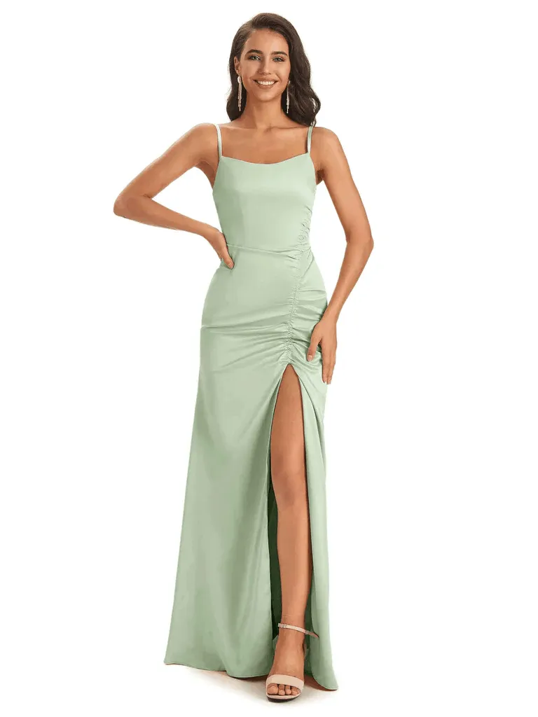 Soft Satin Side Slit Scoop Neckline Long Mermaid Bridesmaid Dresses Online In Stock sold by ChicSew